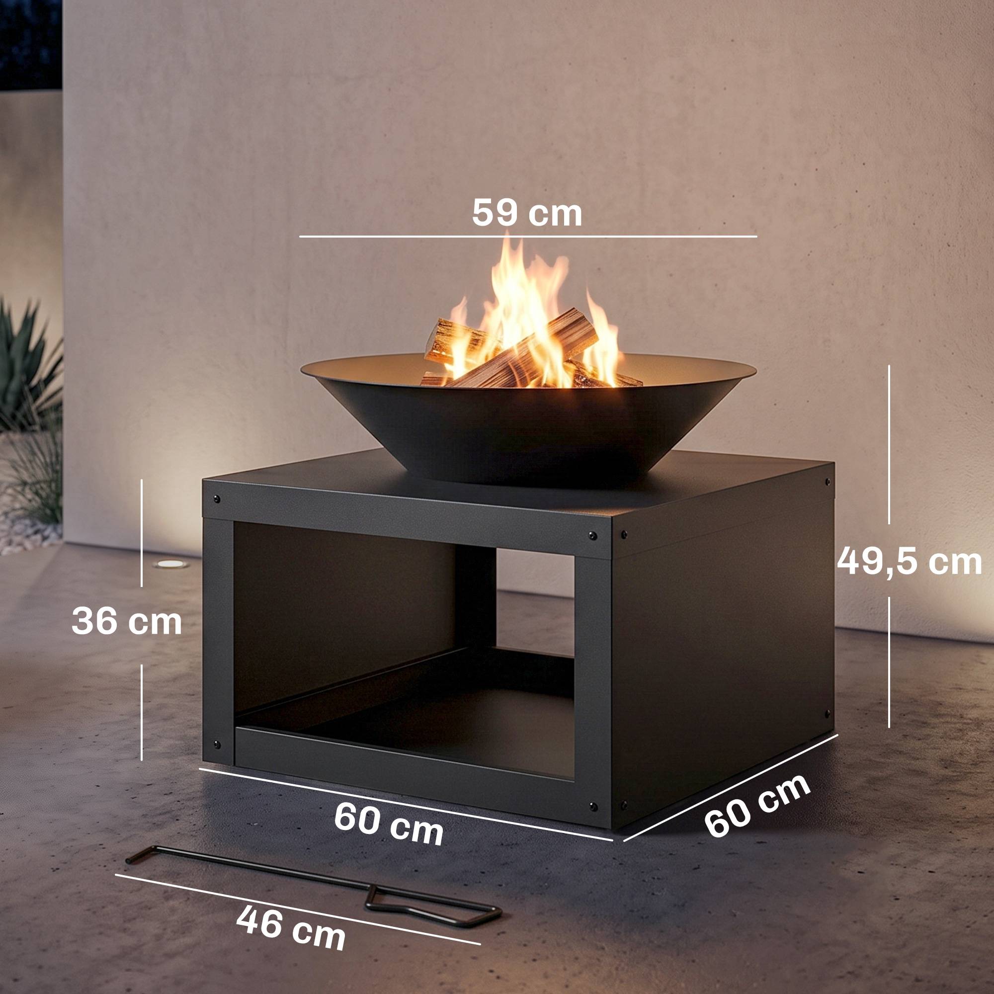 ComfortXL - Brasero extérieur métal noir Ø59 cm jardin terrasse avec range-bûches et tisonnier pour bois ou charbon - Image 3