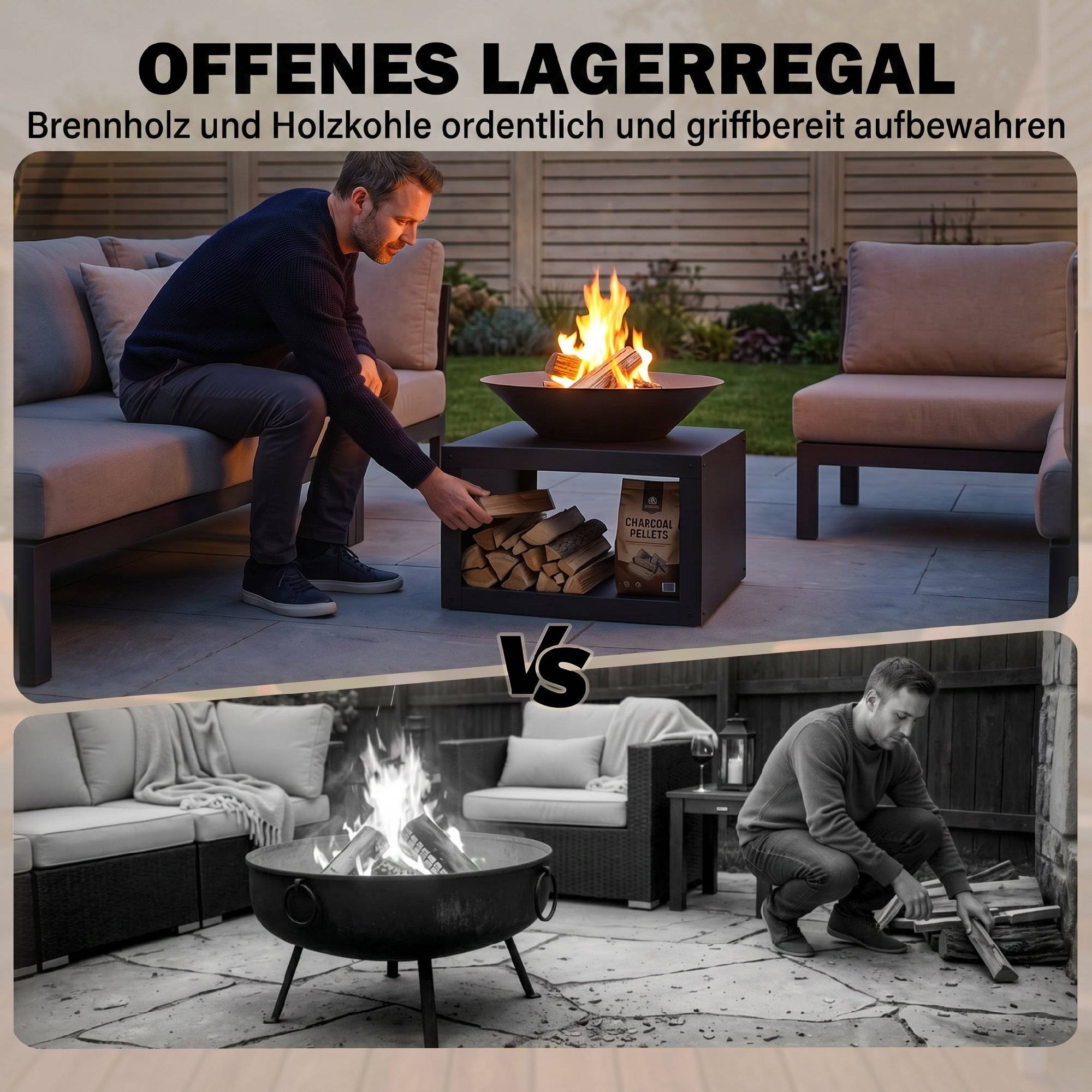 ComfortXL - Brasero extérieur métal noir Ø59 cm jardin terrasse avec range-bûches et tisonnier pour bois ou charbon - Image 4