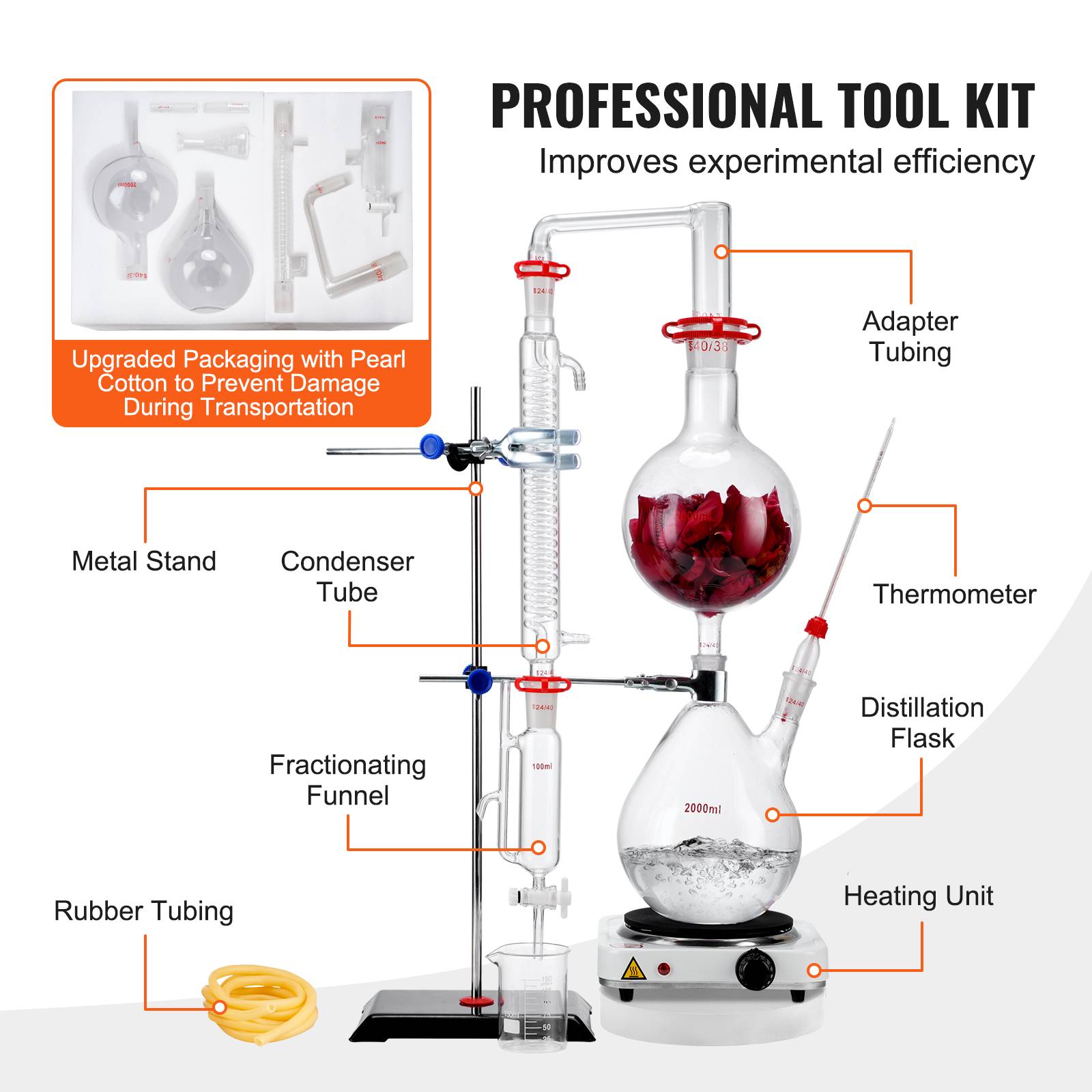 Cornue 2000 Ml Verre Borosilicaté 3.3 – Bouchon Rodé, Flacon Distillation Laboratoire Chimie