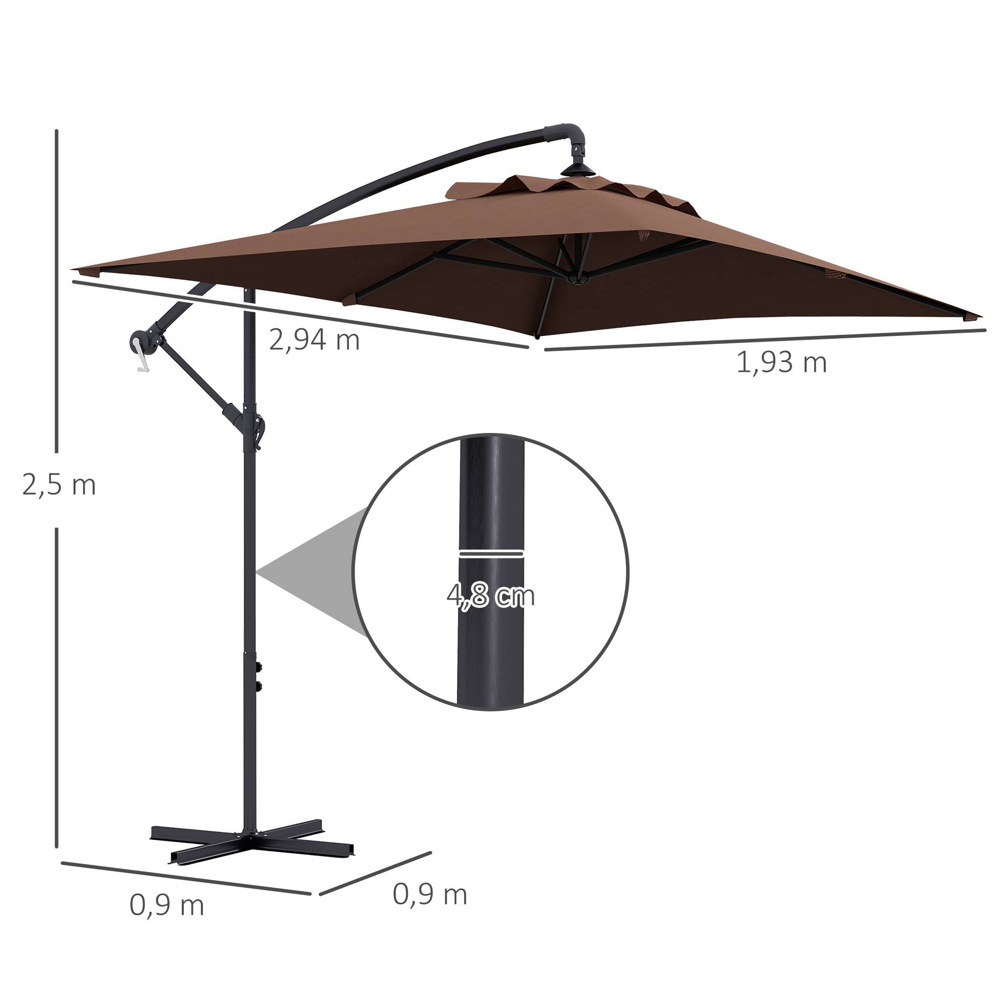 Parasol déporté parasol rectangulaire extérieur manivelle 6 baleine - 294x193x250cm Marron fr328 - Image 5