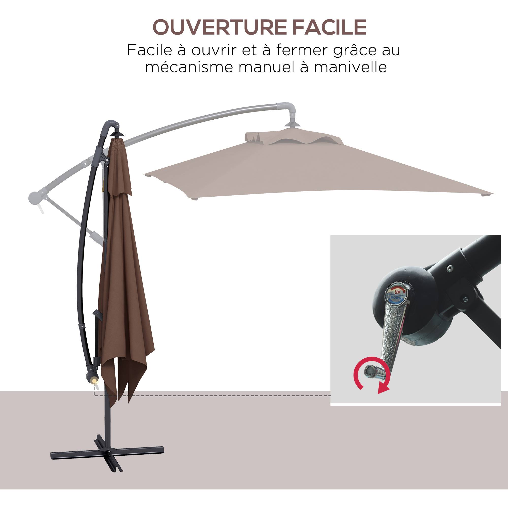 Parasol déporté parasol rectangulaire extérieur manivelle 6 baleine - 294x193x250cm Marron fr328 - Image 6