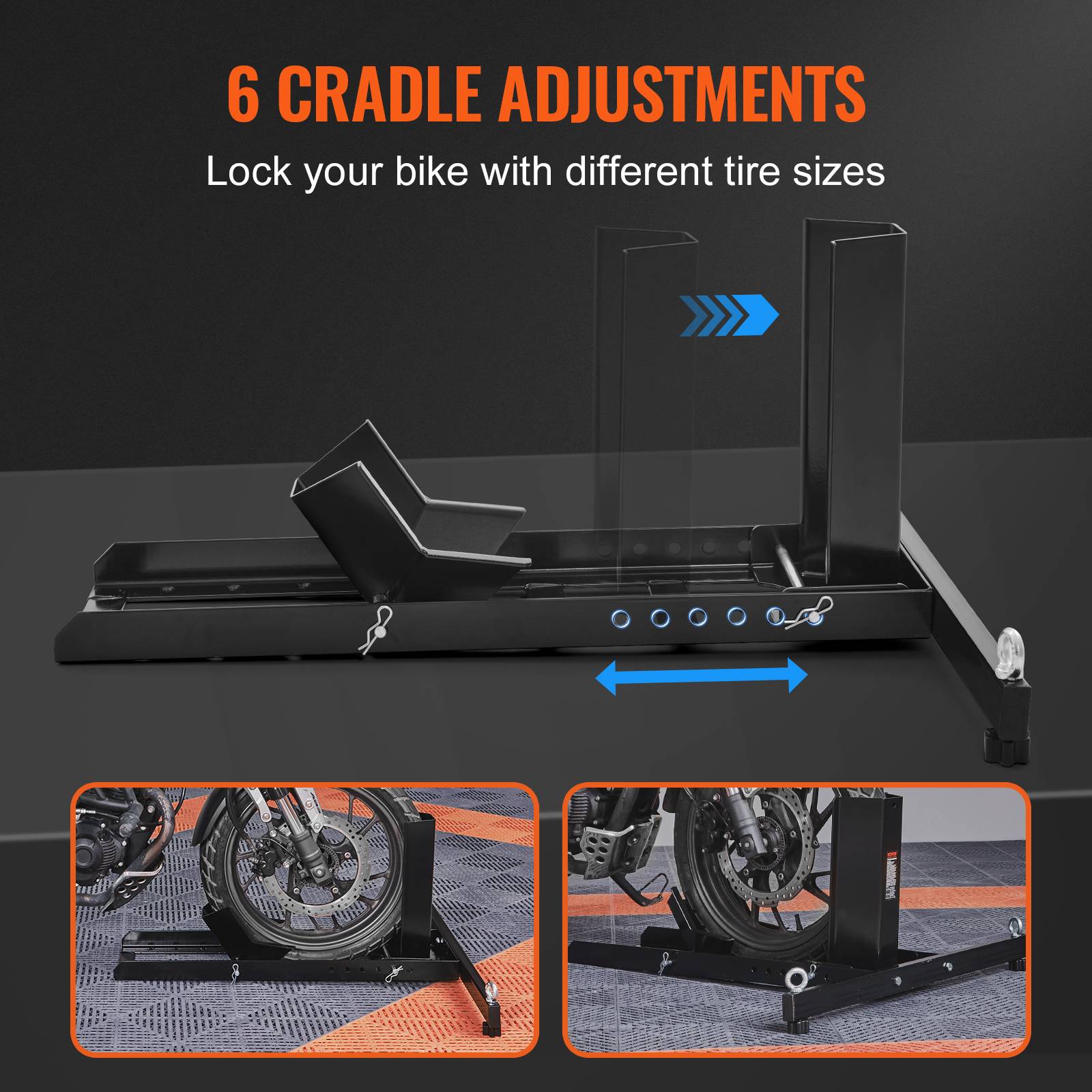 VEVOR Bloque roue moto 816,5 kg, acier. Support transport, diamètre 381-558 mm. - Image 3