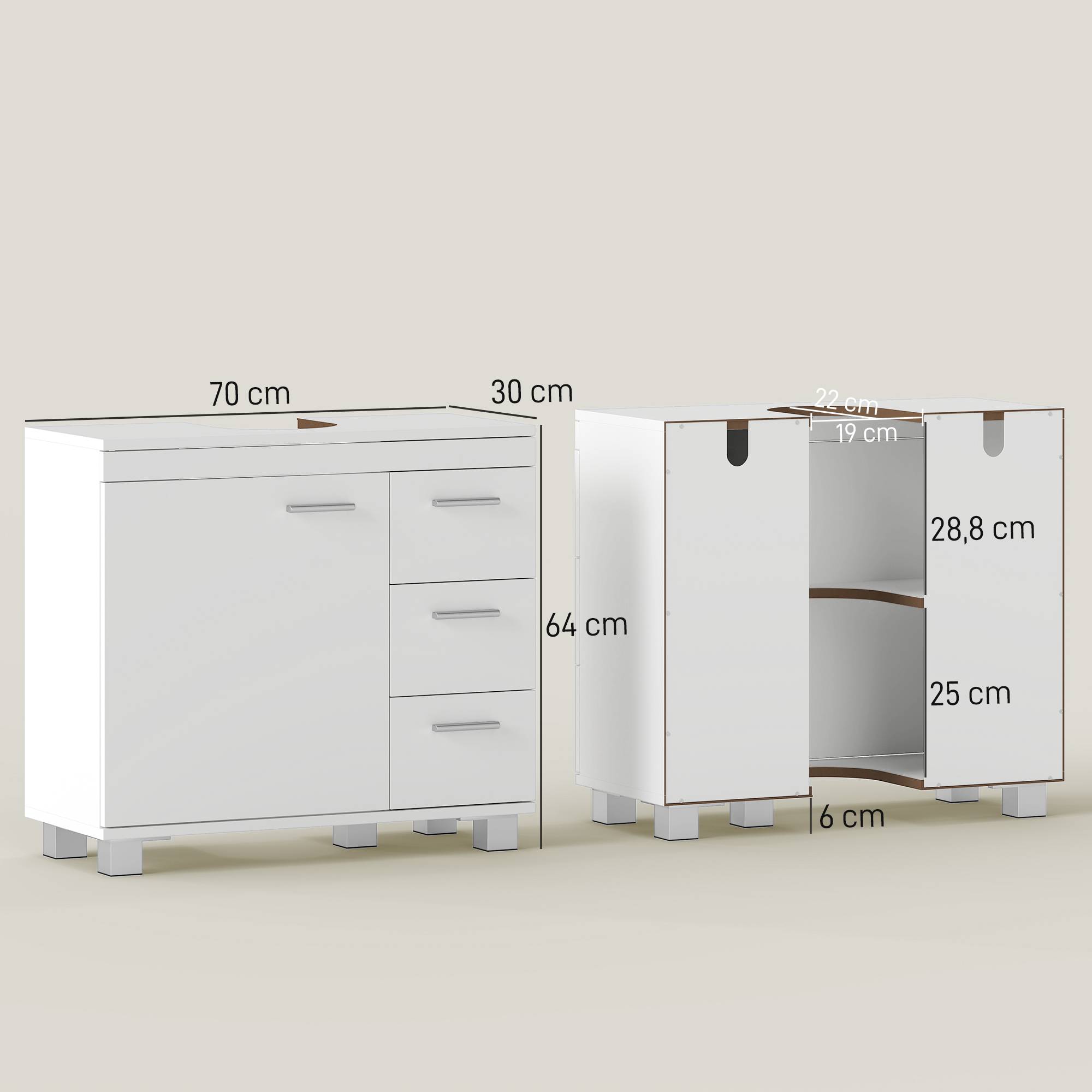 Sans Marque - Meuble sous lavabo salle bain 3 tiroirs porte fermeture amortie 70x30x64 cm blanc - Image 5