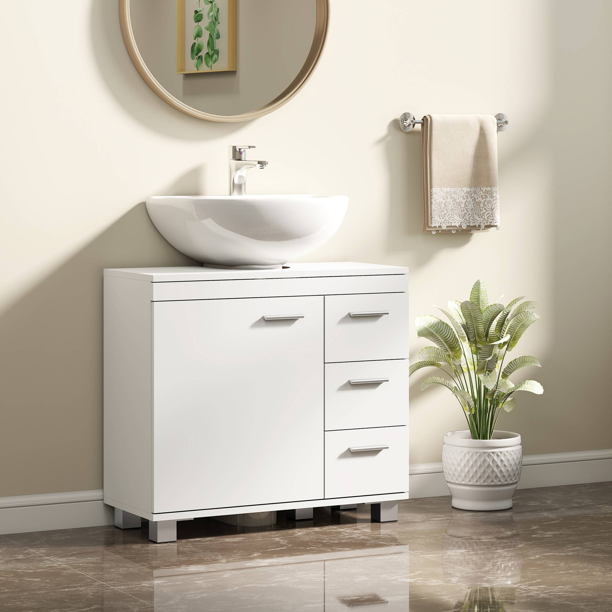 Sans Marque - Meuble sous lavabo salle bain 3 tiroirs porte fermeture amortie 70x30x64 cm blanc - Image 3