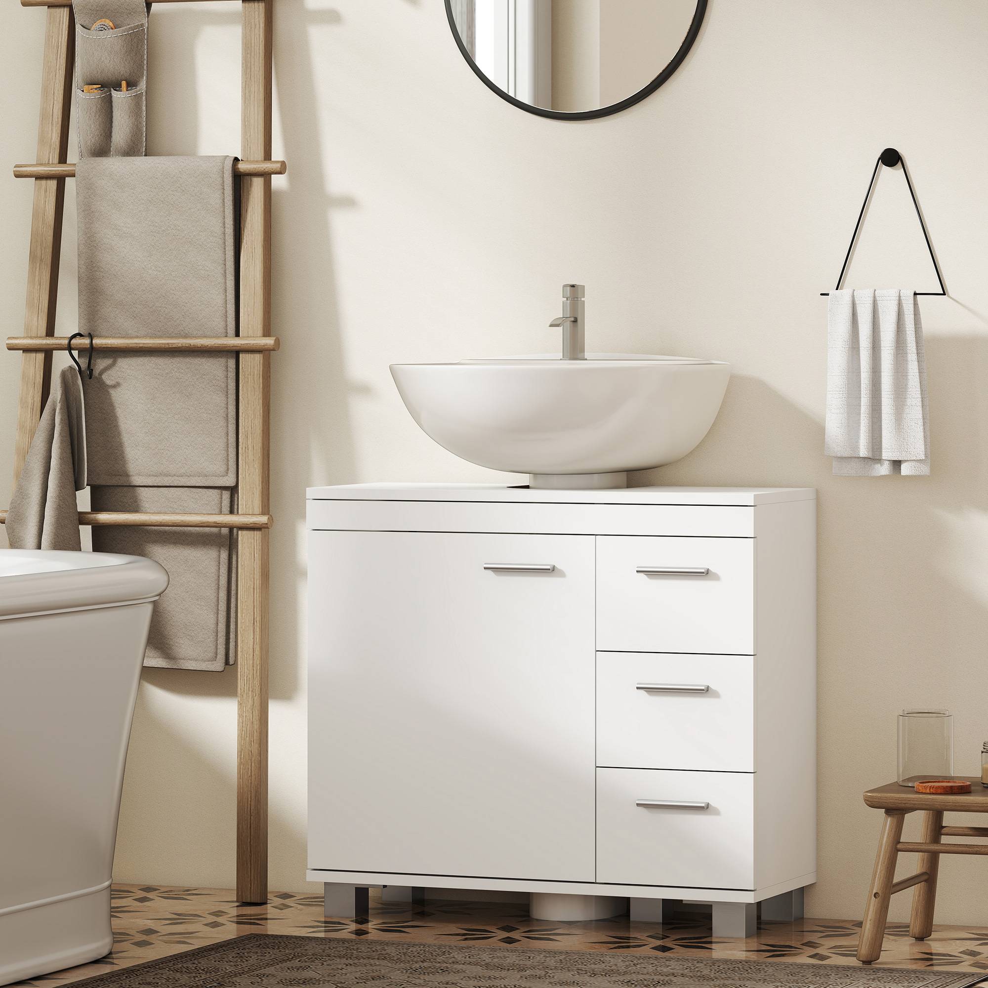 Sans Marque - Meuble sous lavabo salle bain 3 tiroirs porte fermeture amortie 70x30x64 cm blanc - Image 4