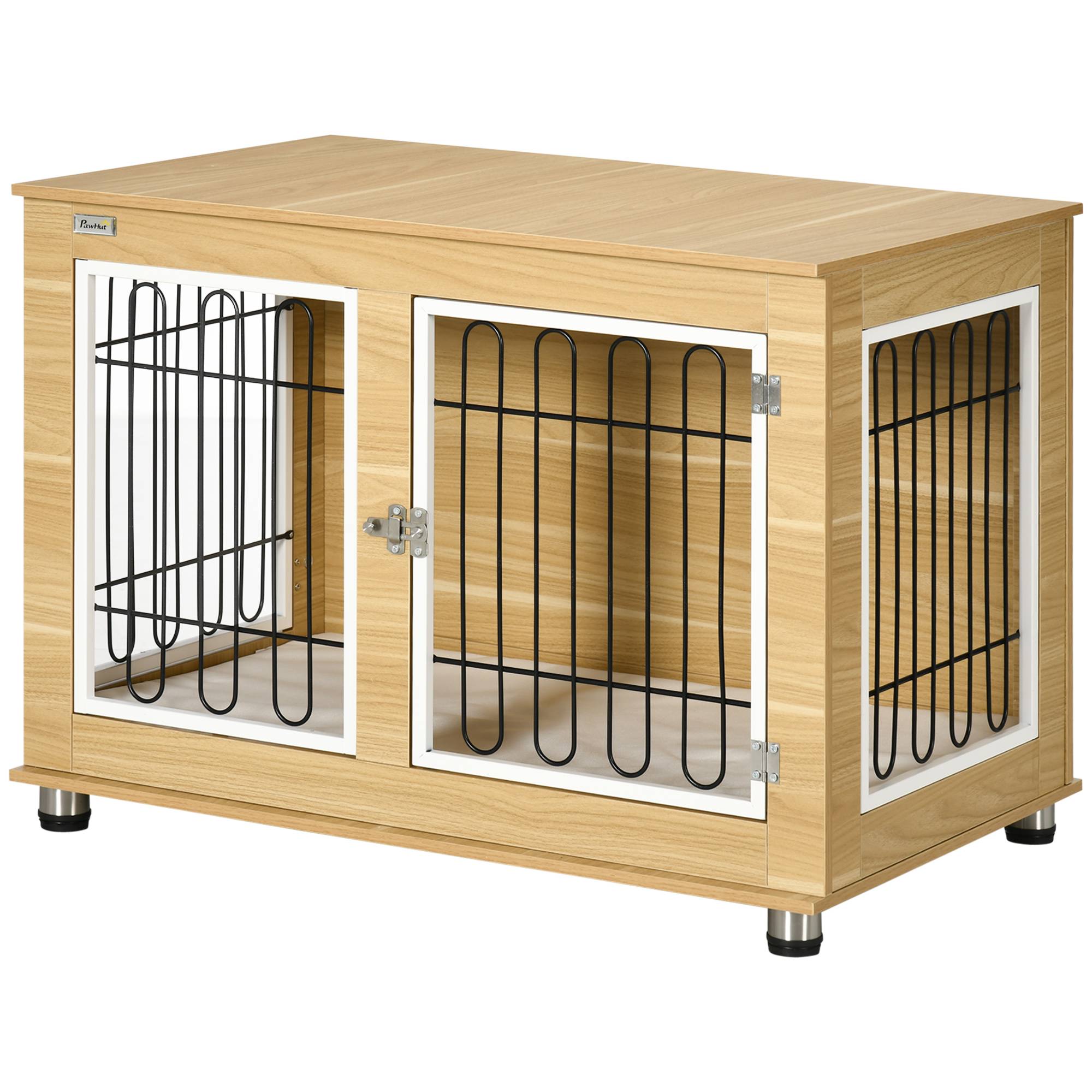 Cage d'intérieur acier et bois pour grand chien avec plateau et coussin 90x58x65cm chêne - ComfortXL Outdoor Living - Image 2