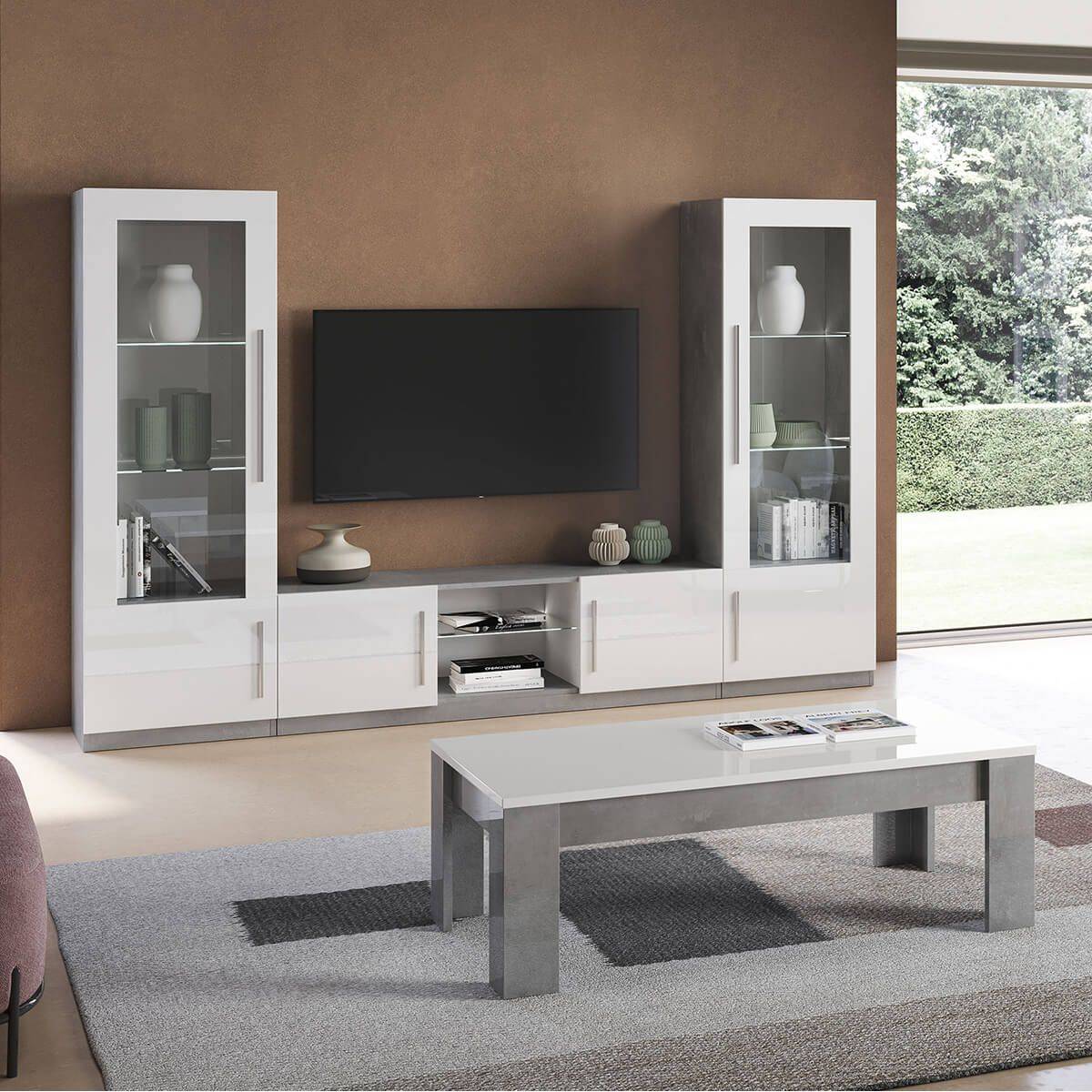 Meuble TV 2 Portes Moderne Laqué Blanc et Marbre avec Leds - CLARK - Imagen 2