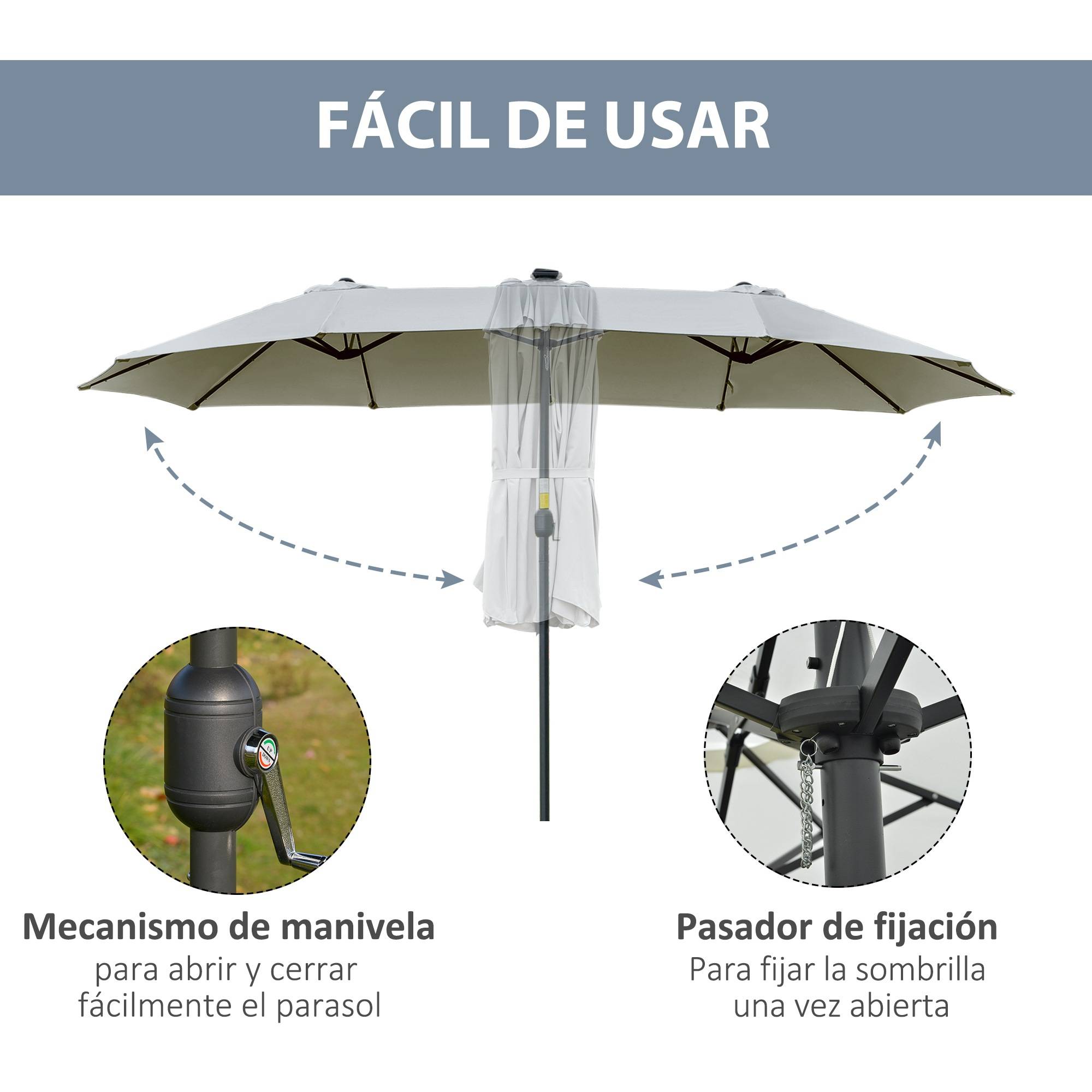 Parasol double 450 x 265 x 240 cm avec 48 LED, manivelle, protection solaire pour terrasse, balcon, piscine, gris clair - Image 8