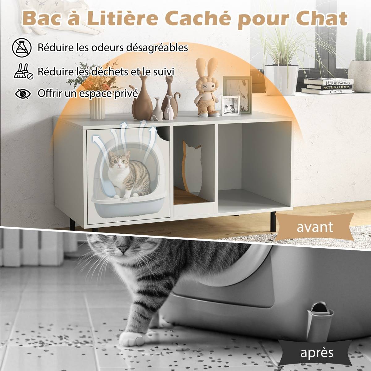 Meuble pour Bac à Litière pour Chat 100cm Griffoir Amovible 2 Compartiments Charge 120 kg Blanc - Image 10