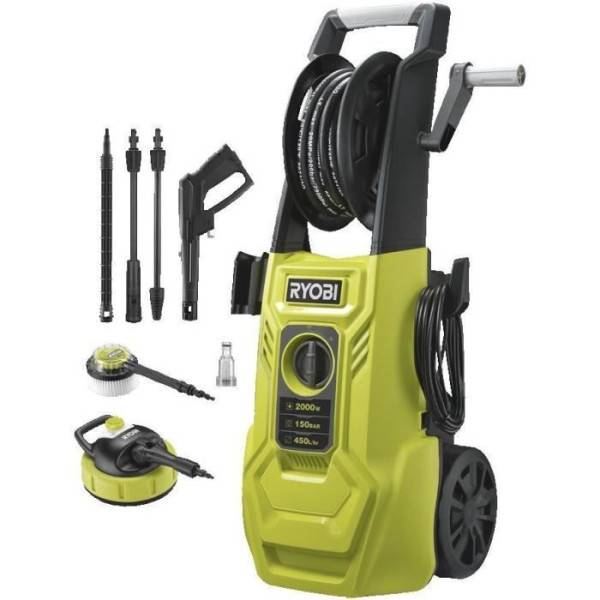 RYOBI - Limpiador de alta presión 2000 W 150 bares - 450 L - manguera flexible 8m, depósito 0,9L + lanzas vario & turbo y cepillo - RY150