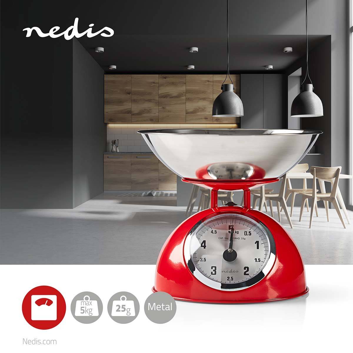 Balance de cuisine Retro Rouge Analogique Bol amovible acier 5kg Fonction Tare NEDIS - Imagen 4