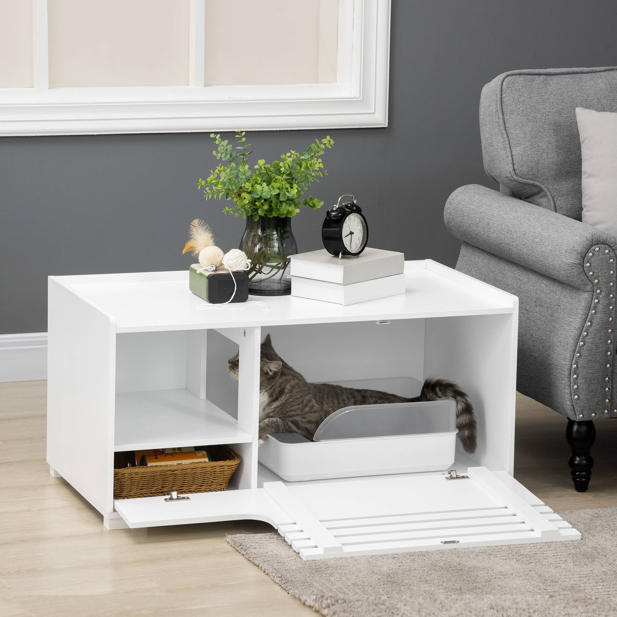 Sans Marque - Meuble pour chat à 2 étagères, design 2 en 1, porte magnétique, blanc - Image 3