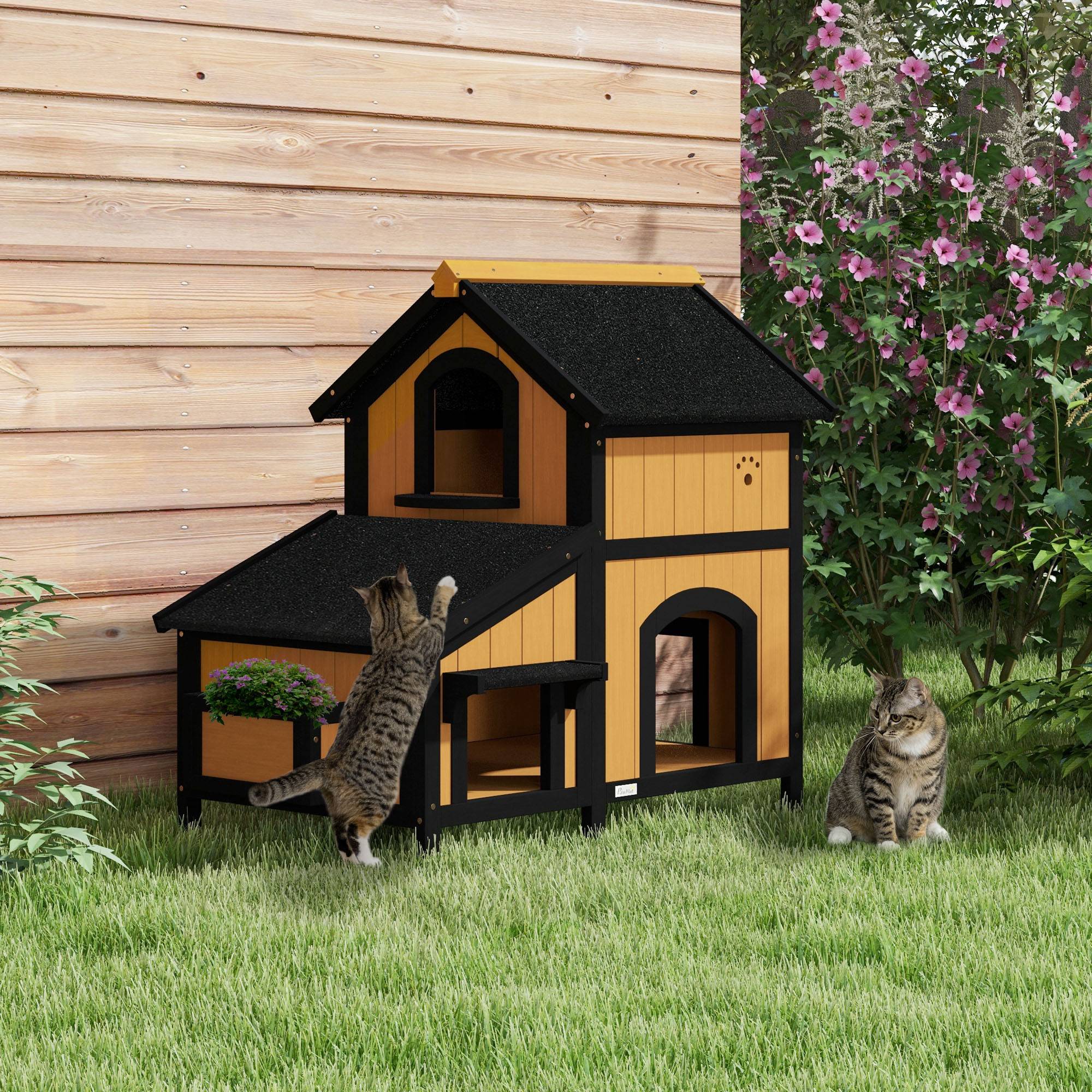 Niche extérieure en bois pour chat, abri à deux niveaux, 96 x 65 x 85,5 cm, naturel - Image 3