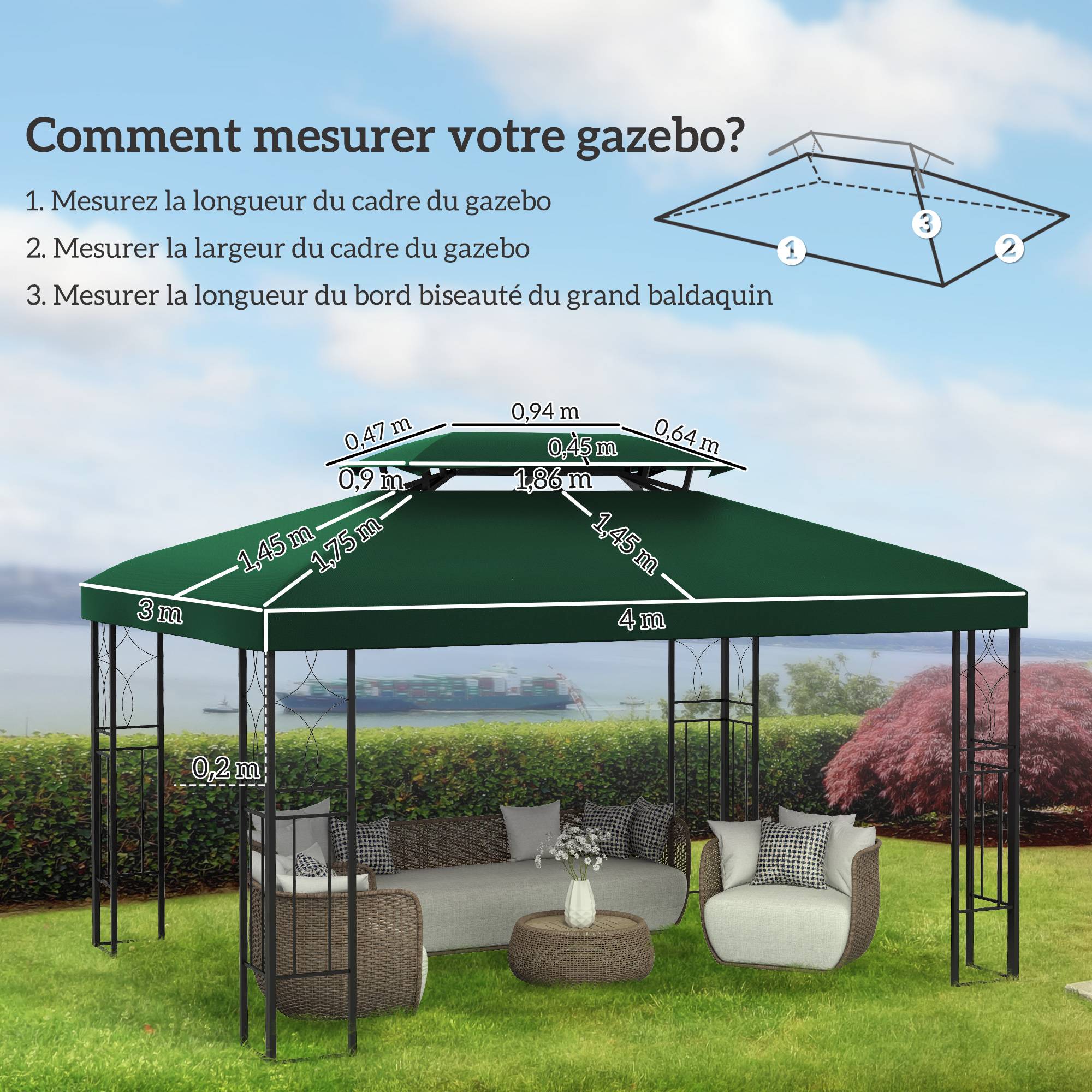ComfortXL - Toile de toit rechange pavillon polyester extérieur cheminée aération 3x4m vert - ComfortXL Outdoor Living - Image 5