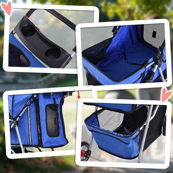 Poussette pour petit chien avec capote réglable, panier de rangement, porte-gobelet et 2 roues universelles, 75 x 45 x 97 cm, bleue - Image 10