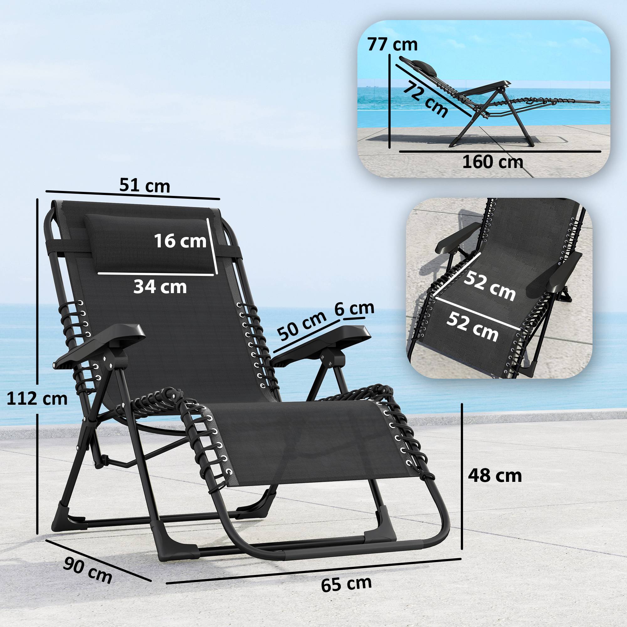 Outsunny - Lot de 2 chaises longues pliantes 90x65x112cm appuie-tête inclinable plage/camping/piscine Textilène noir - Outsunny - Image 3