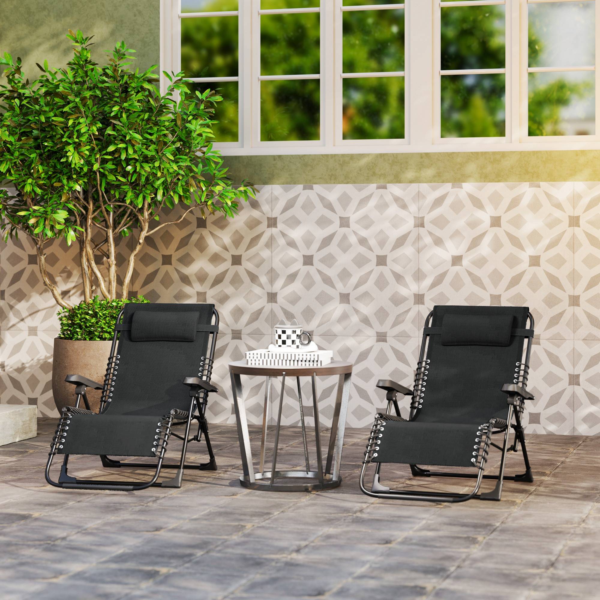 Outsunny - Lot de 2 chaises longues pliantes 90x65x112cm appuie-tête inclinable plage/camping/piscine Textilène noir - Outsunny - Image 5