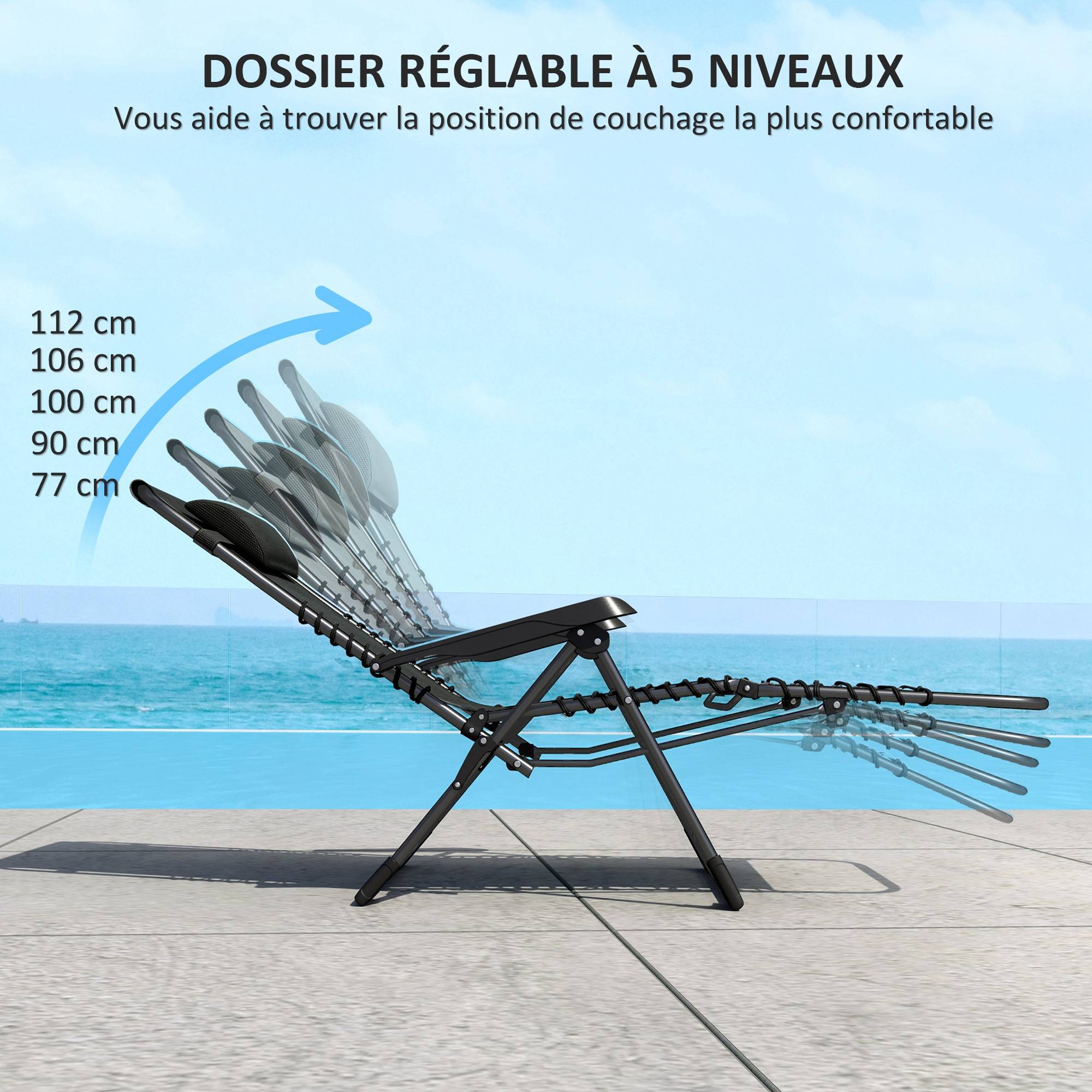 Outsunny - Lot de 2 chaises longues pliantes 90x65x112cm appuie-tête inclinable plage/camping/piscine Textilène noir - Outsunny - Image 4