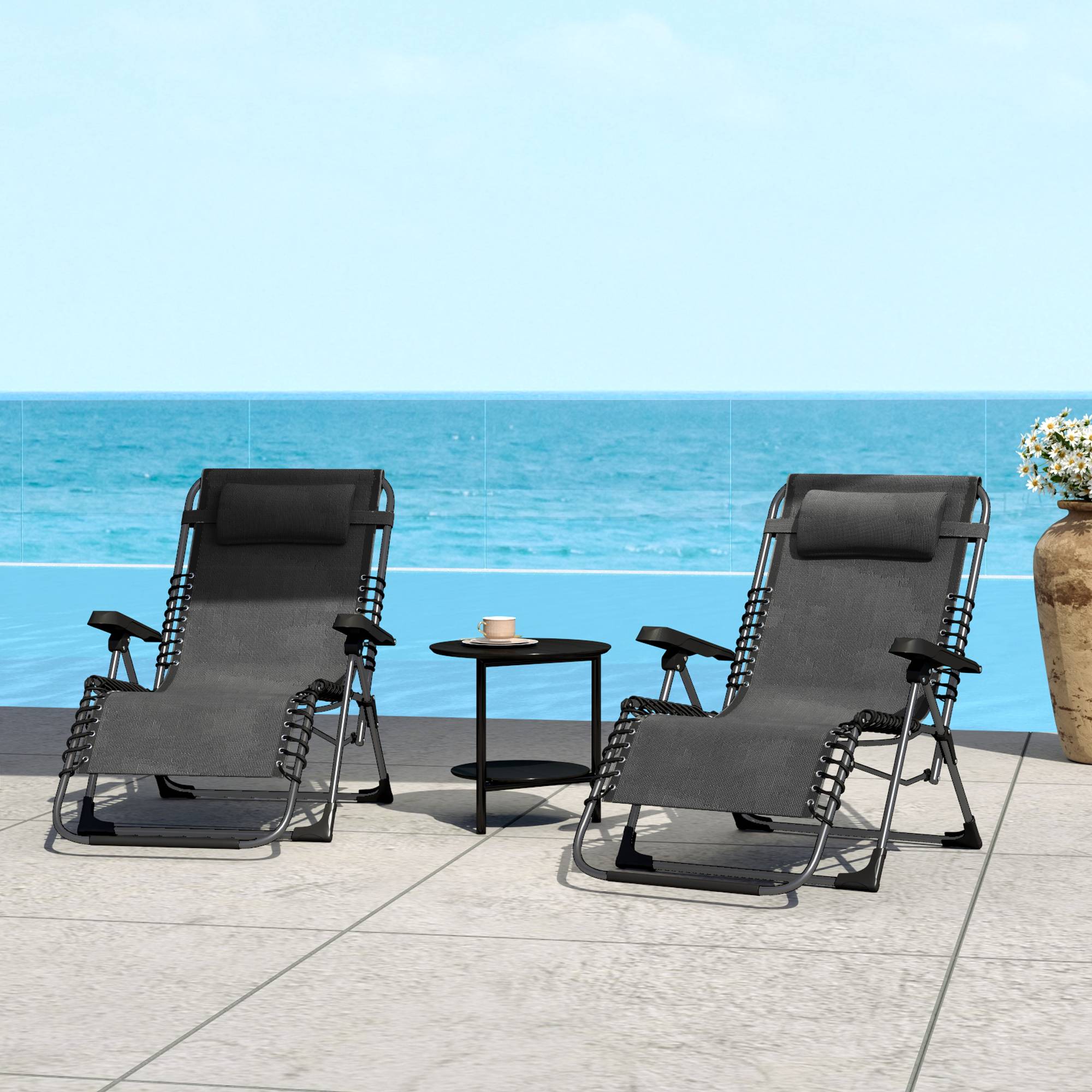 Outsunny - Lot de 2 chaises longues pliantes 90x65x112cm appuie-tête inclinable plage/camping/piscine Textilène noir - Outsunny - Image 6