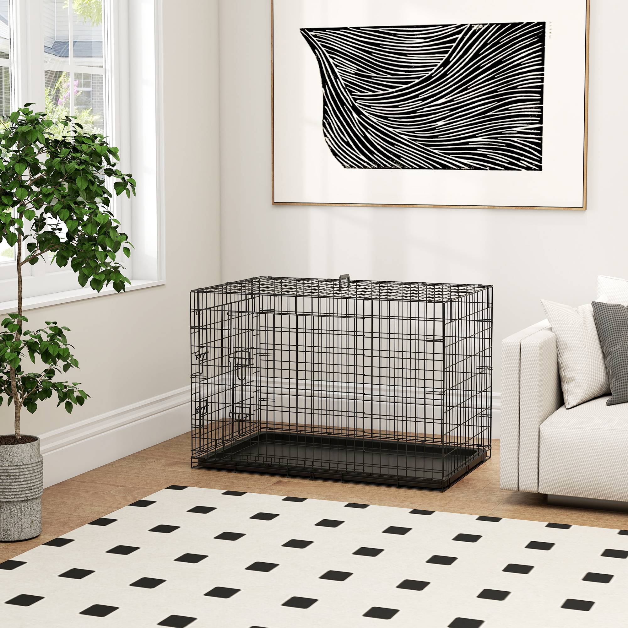 Cage de transport pliable pour chien, avec 2 portes, plateau amovible et poignée de transport, 90 x 57,5 x 62 cm, noire - Image 10