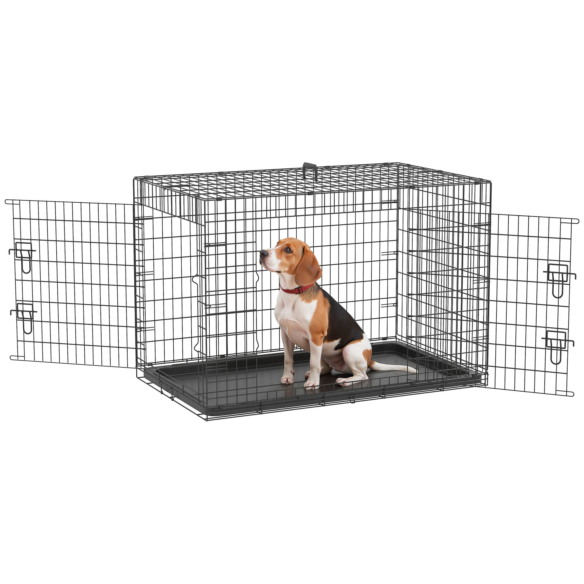 Cage de transport pliable pour chien, avec 2 portes, plateau amovible et poignée de transport, 90 x 57,5 x 62 cm, noire - Image 1