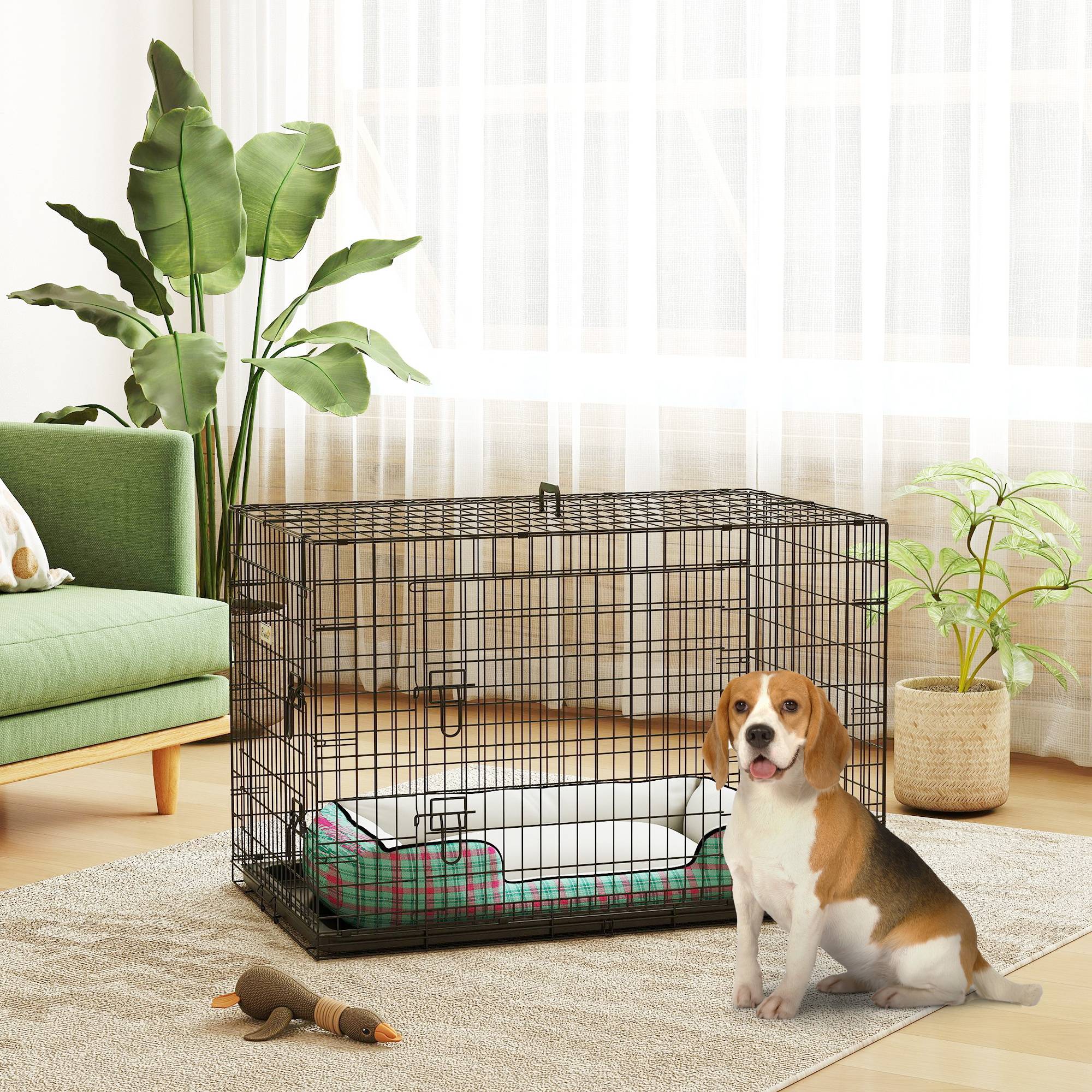 Cage de transport pliable pour chien, avec 2 portes, plateau amovible et poignée de transport, 90 x 57,5 x 62 cm, noire - Image 3