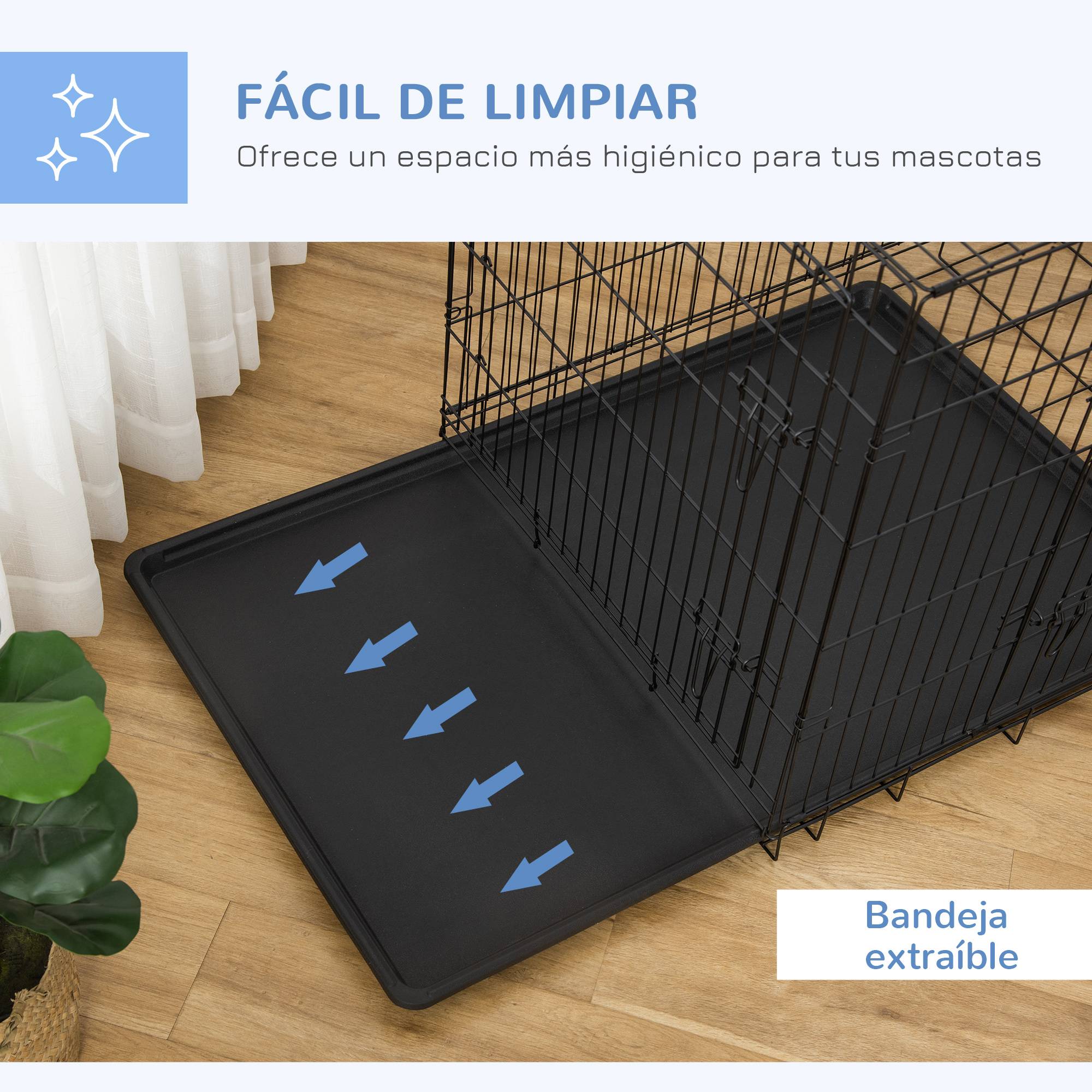 Cage de transport pliable pour chien, avec 2 portes, plateau amovible et poignée de transport, 90 x 57,5 x 62 cm, noire - Image 8
