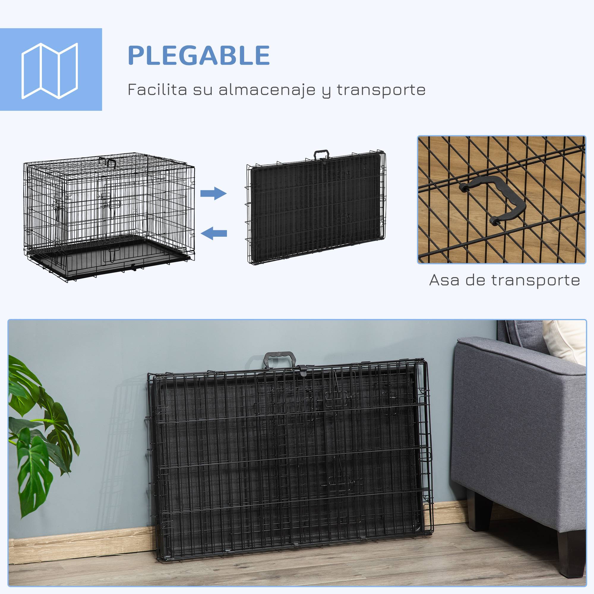 Cage de transport pliable pour chien, avec 2 portes, plateau amovible et poignée de transport, 90 x 57,5 x 62 cm, noire - Image 9
