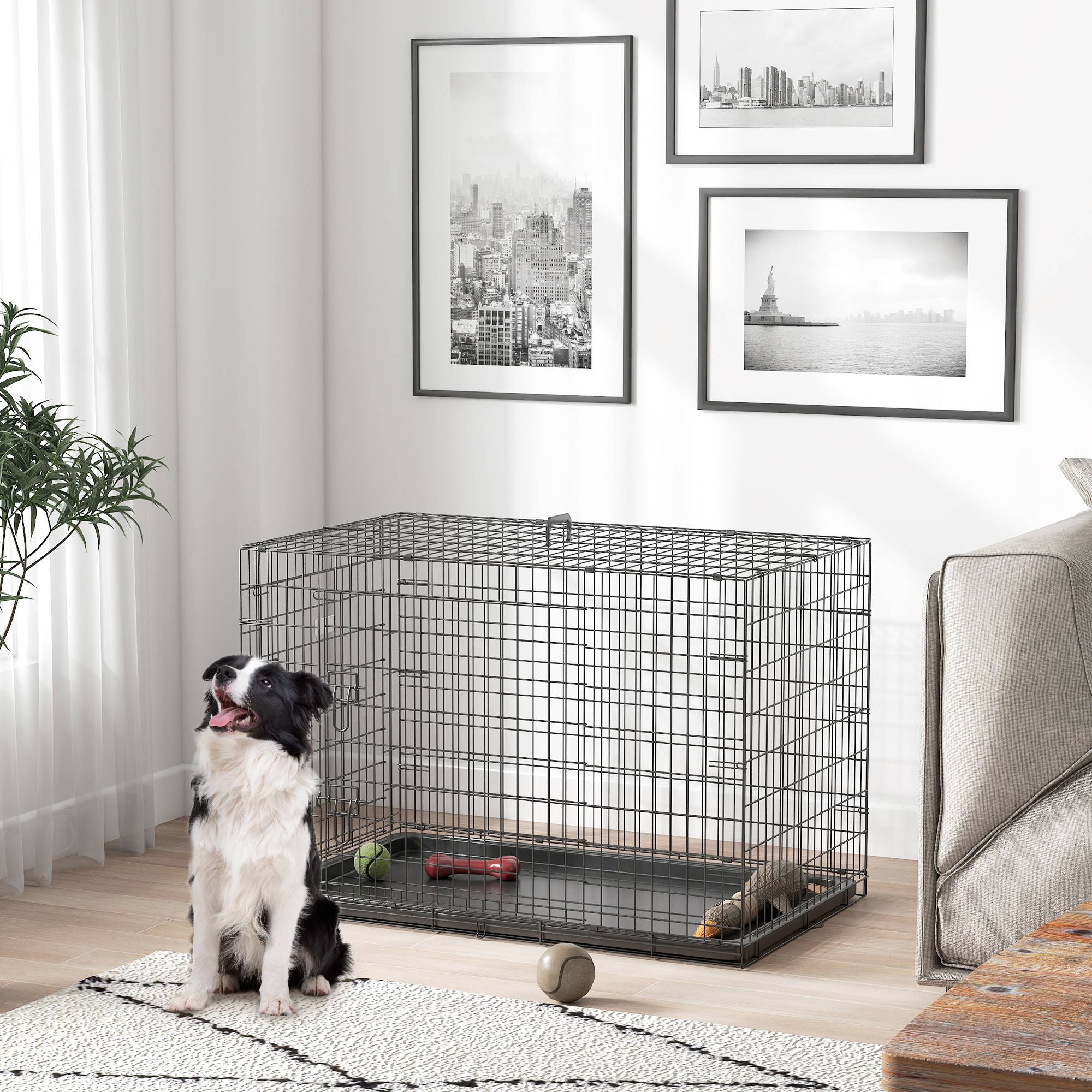 Cage de transport pliable pour chien, avec 2 portes, plateau amovible et poignée de transport, 90 x 57,5 x 62 cm, noire - Image 4