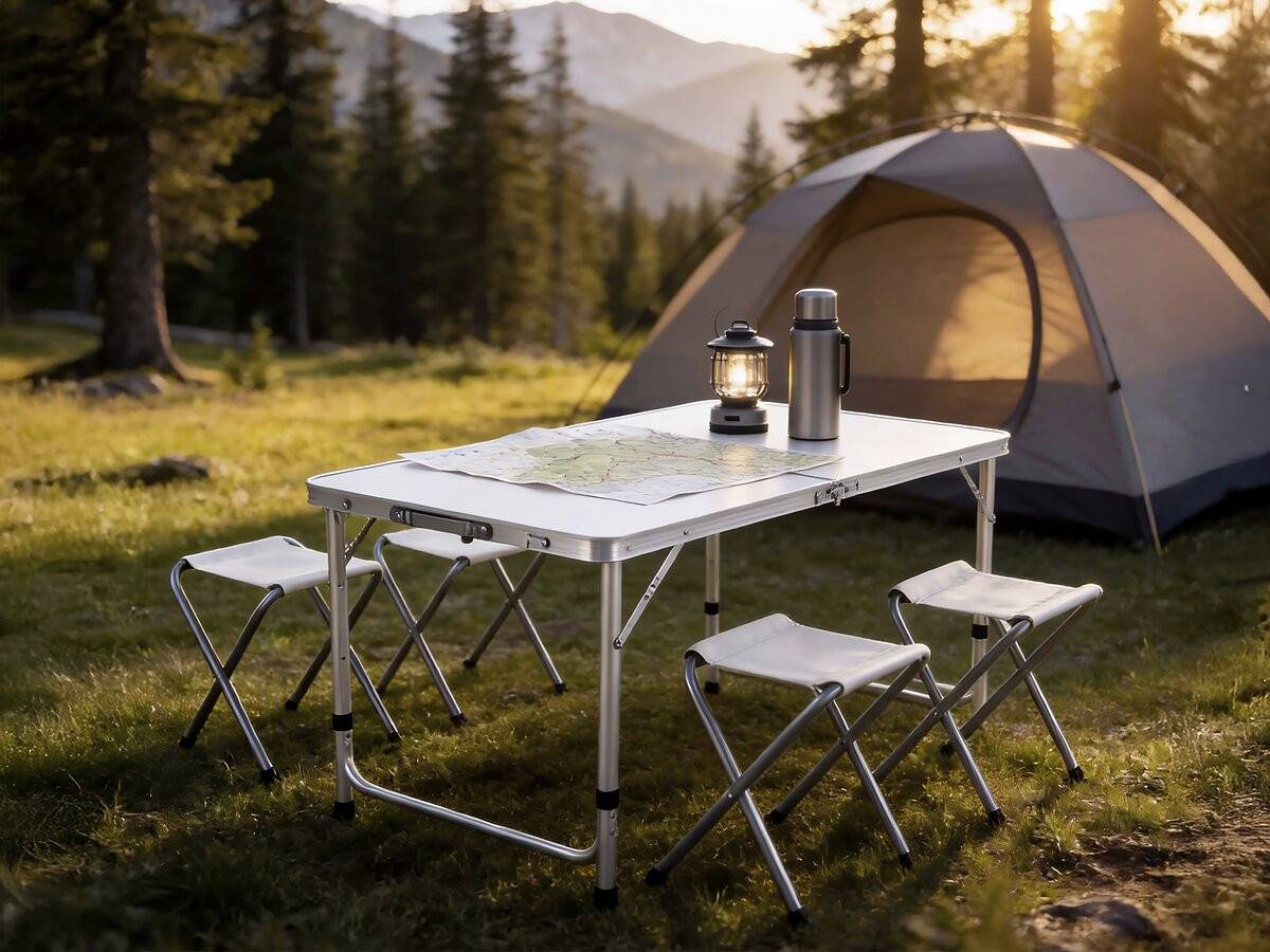 Ensembe Table De Camping Et 4 Tabourets Pliants - 125 X 60 Cm - Blanc -habitat Et Jardin - Image 2
