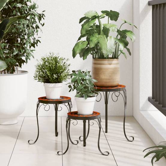 Set de 3 Porte-pots Ronds en Céramique Mosaïque pour Décoration Jardin Extérieur Terre Cuite et Blanc – ComfortXL Outdoor Living - Image 1