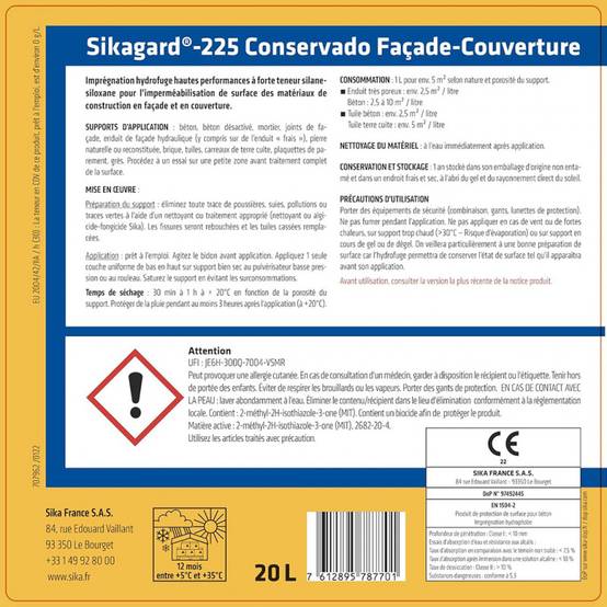 Imprégnation hydrofuge Sikagard-225 Conservado Façade-Couverture 20L SIKA - Image 2