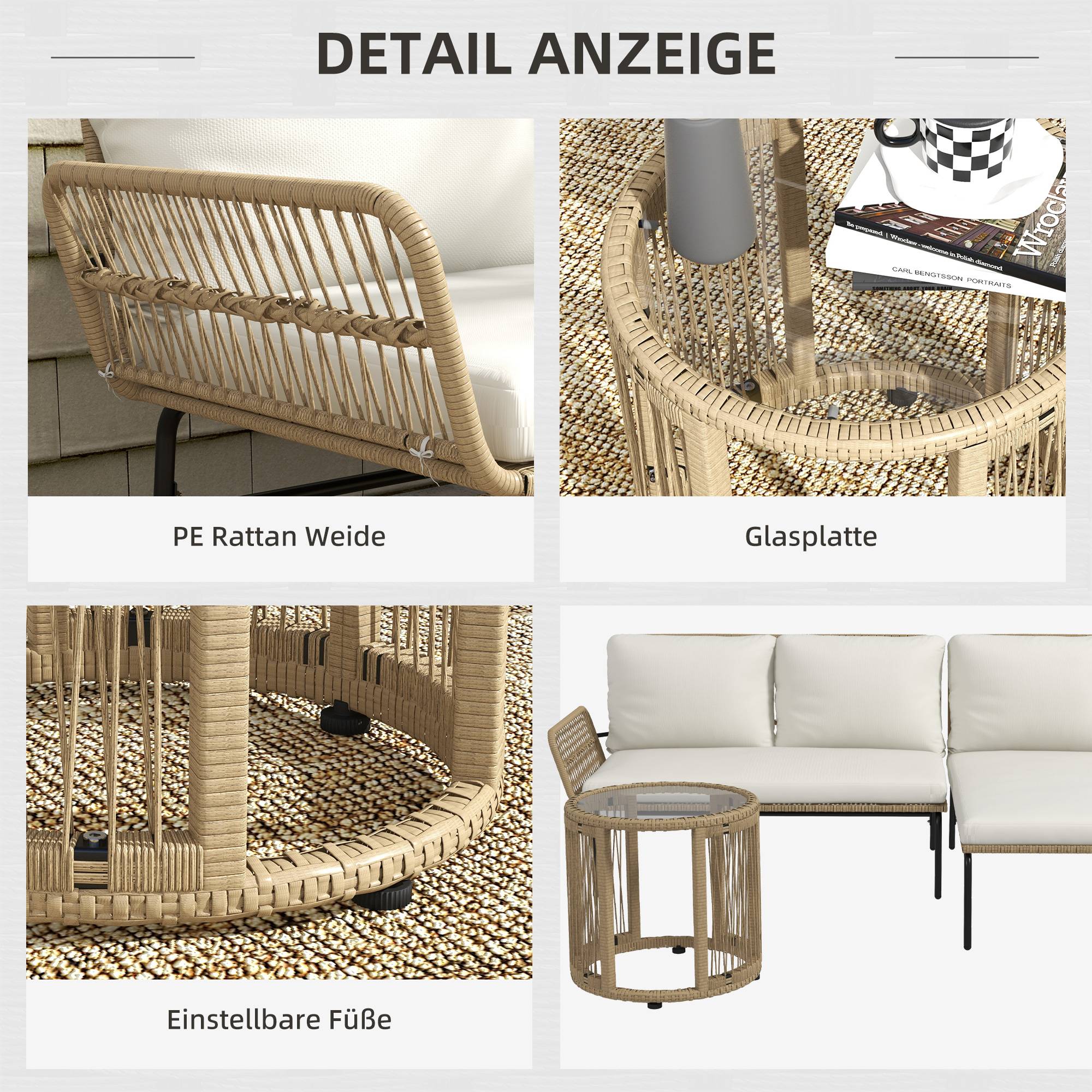 Set de mobilier de jardin 3 pièces avec transat, canapé 2 places et table Rattan Crème - PANGIVO - Image 6