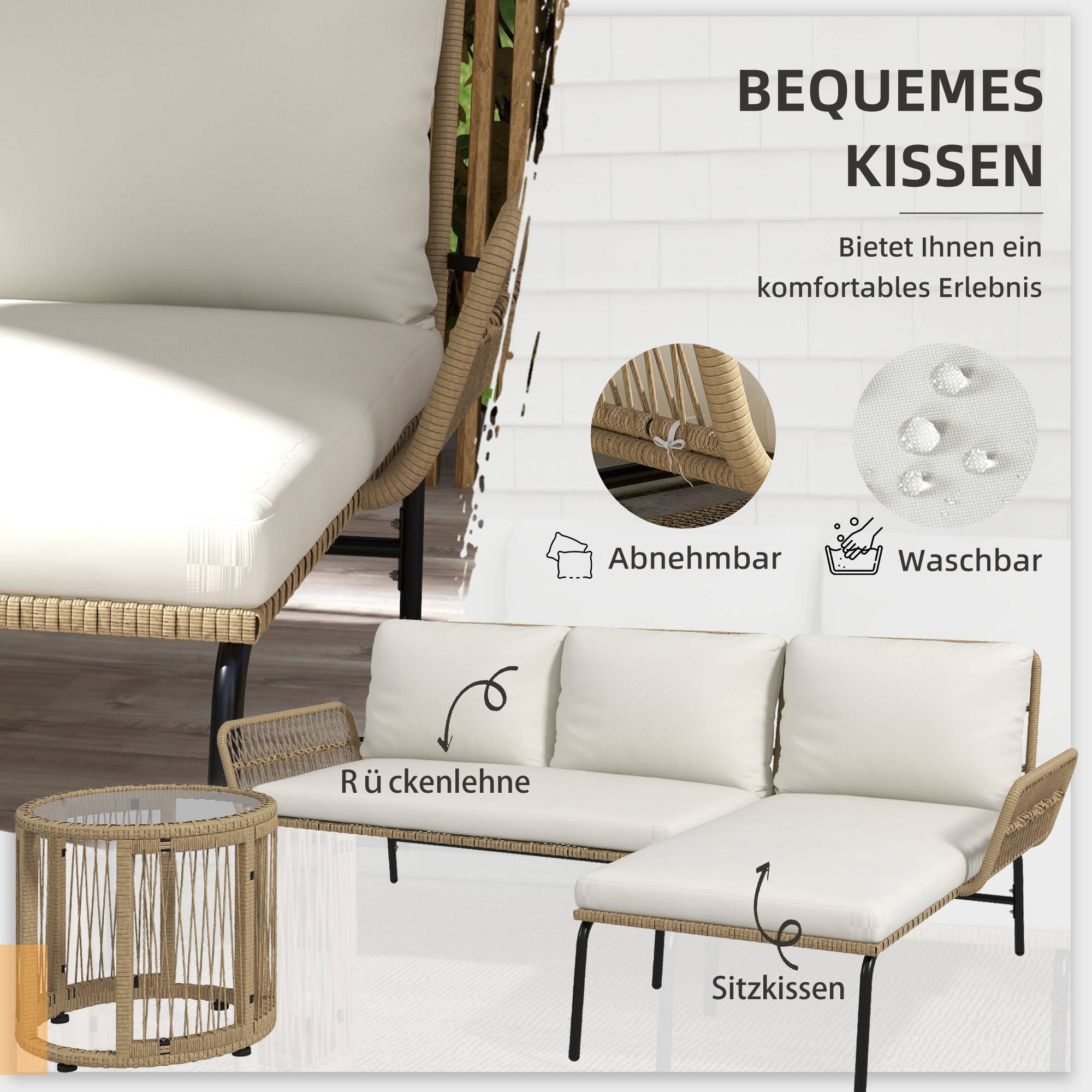 Set de mobilier de jardin 3 pièces avec transat, canapé 2 places et table Rattan Crème - PANGIVO - Image 5