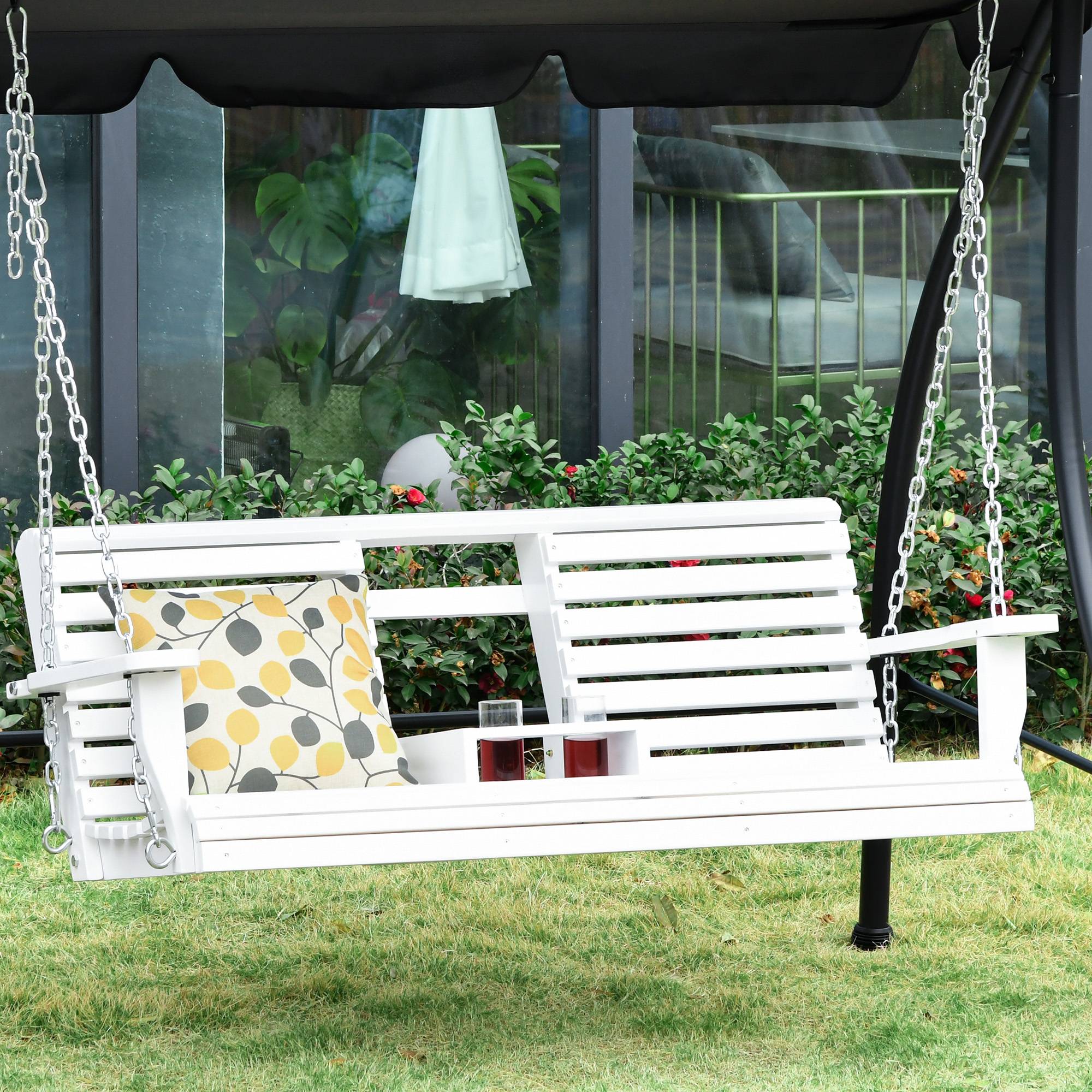 Balancelle suspendue bois massif jardin extérieur table centrale 150x75x53cm blanc - ComfortXL Outdoor Living - Image 3