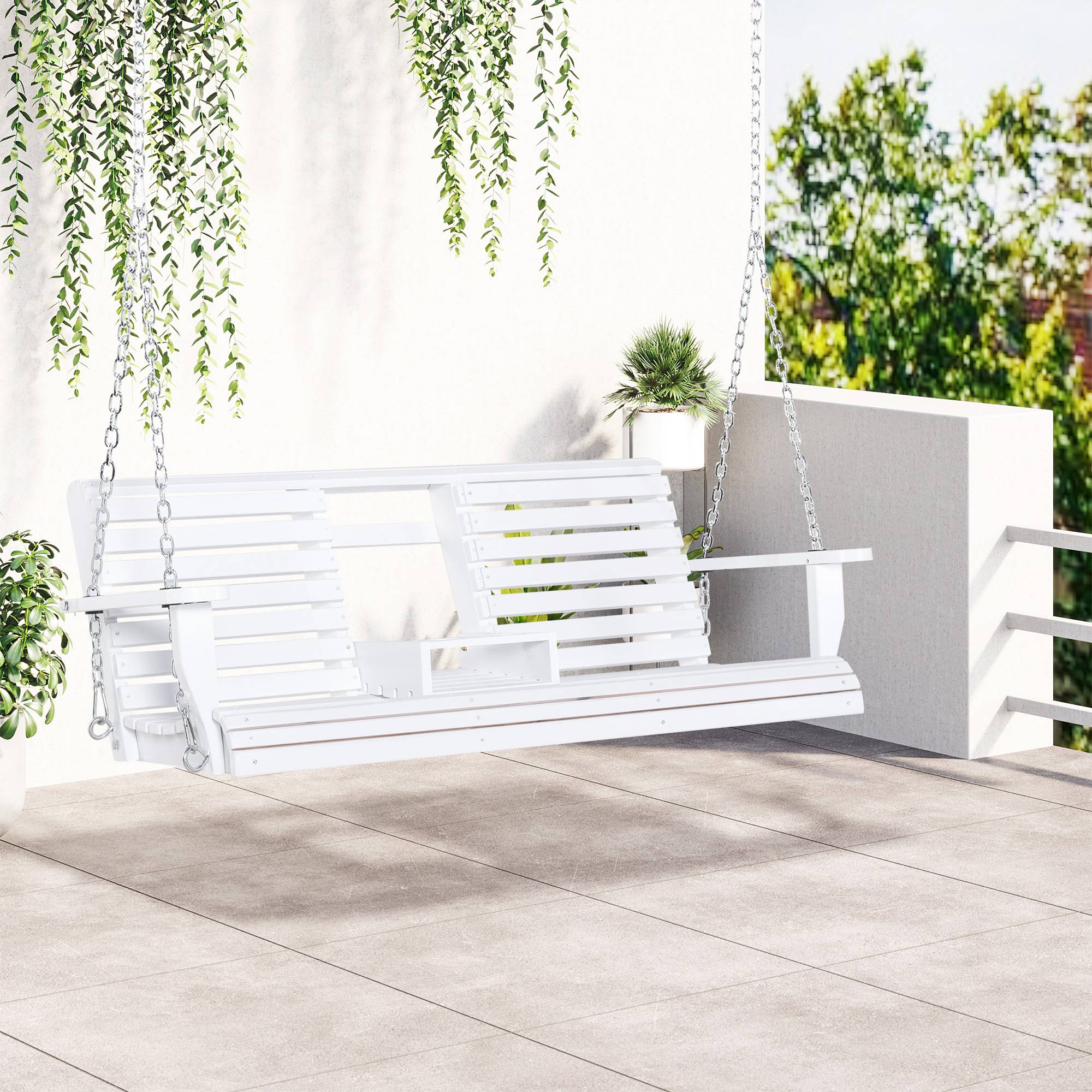 Balancelle suspendue bois massif jardin extérieur table centrale 150x75x53cm blanc - ComfortXL Outdoor Living - Image 4