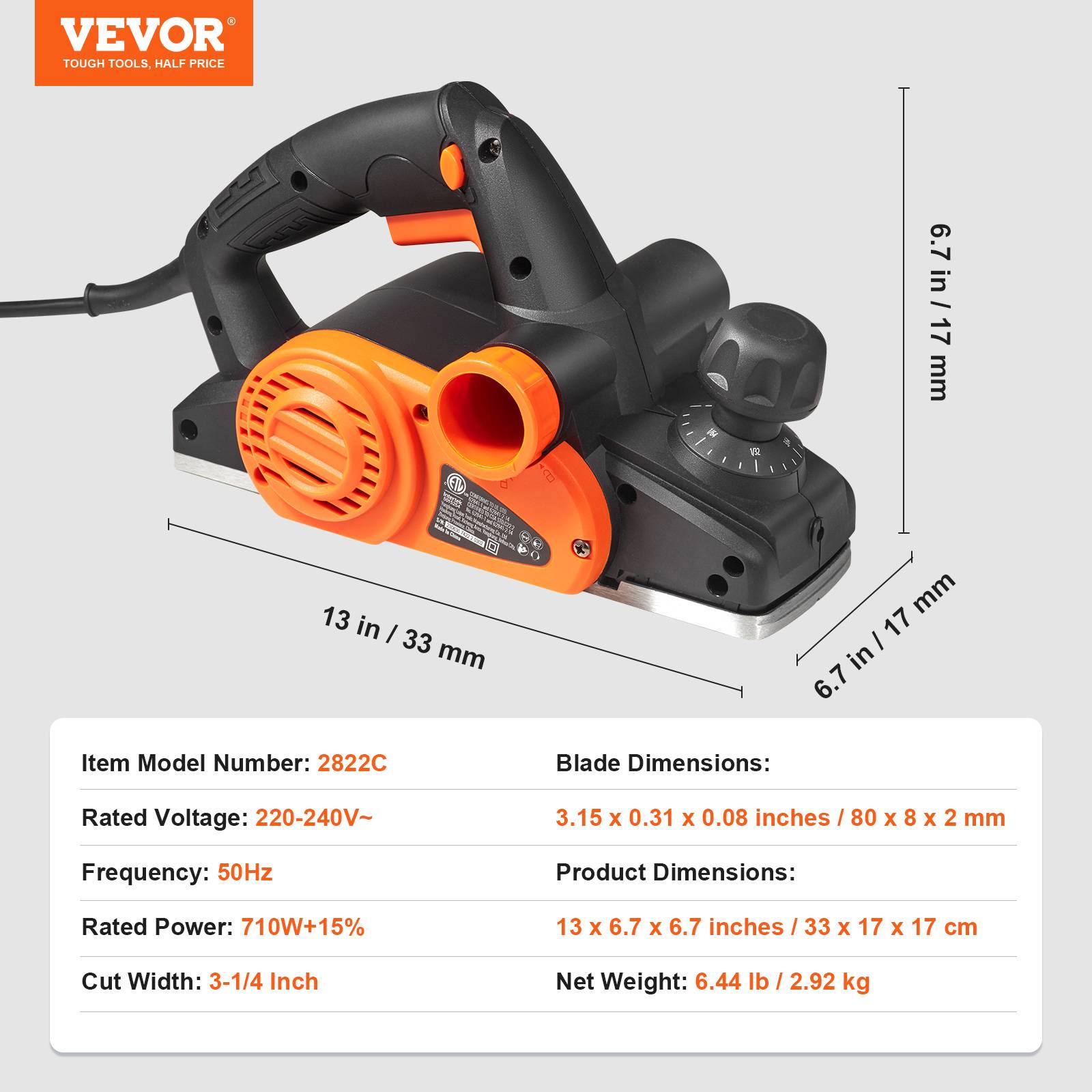 Vevor - VEVOR Rabot Électrique Filaire Raboteuse à Main 82,55mm 16500tr/min Travail Bois - Image 7