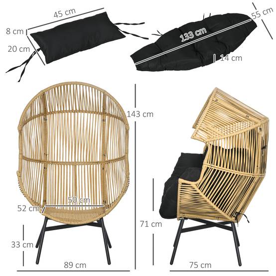 Fauteuil de jardin résine tressée naturel et noir 89 x 75 x 143 cm - PANGIVO - Image 5
