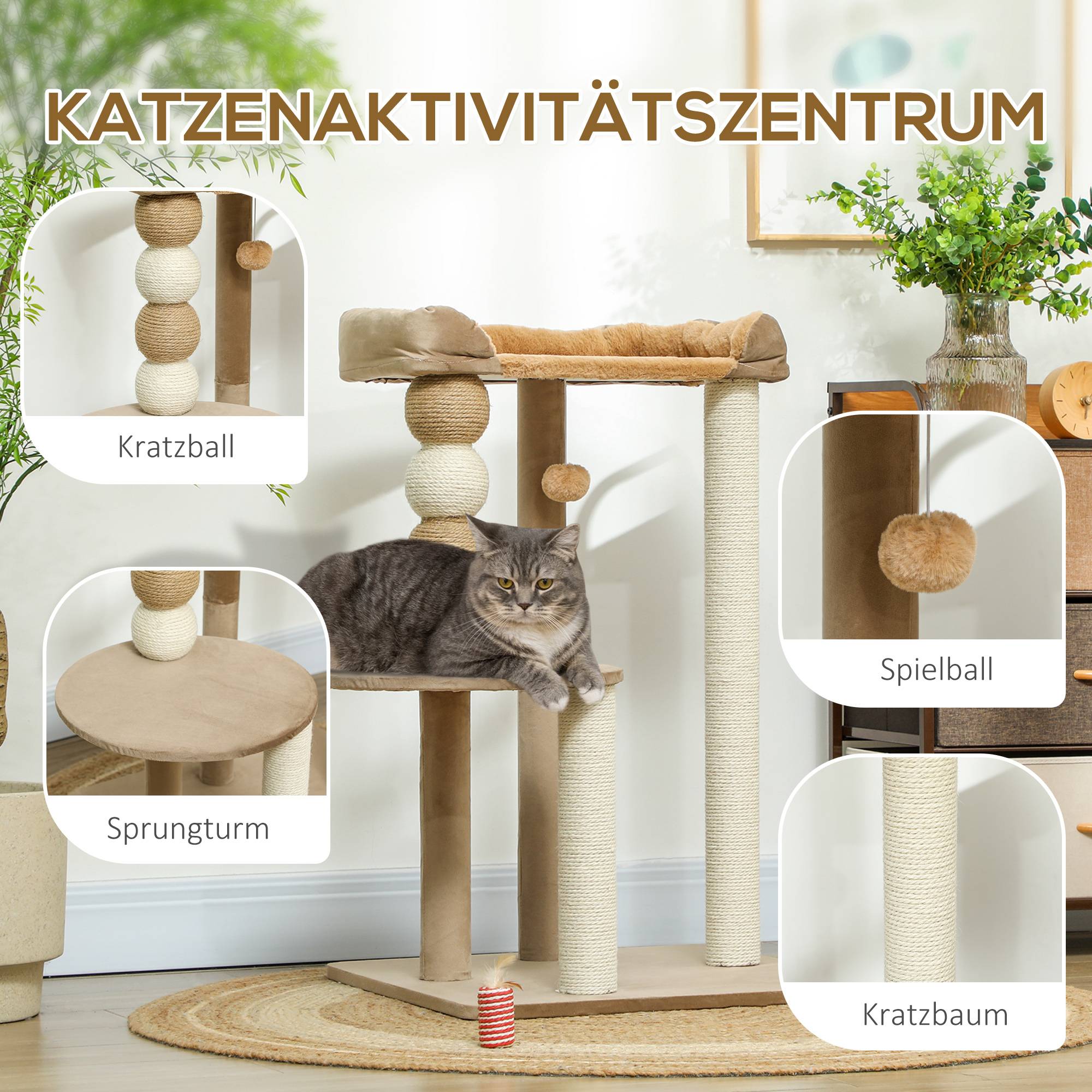 Arbre à chat bois peluche pour grand chat plateformes de repos 86cm marron - ComfortXL Outdoor Living - Image 7