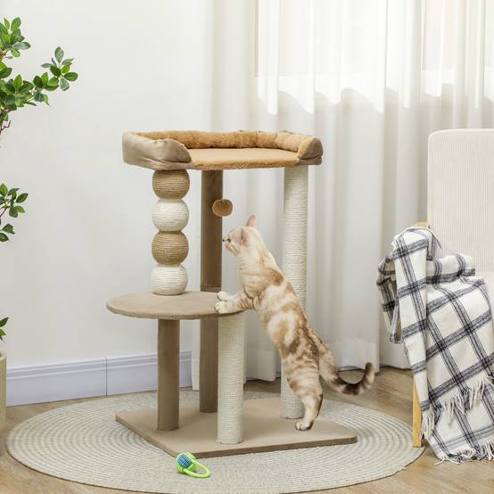 Arbre à chat bois peluche pour grand chat plateformes de repos 86cm marron - ComfortXL Outdoor Living - Image 4