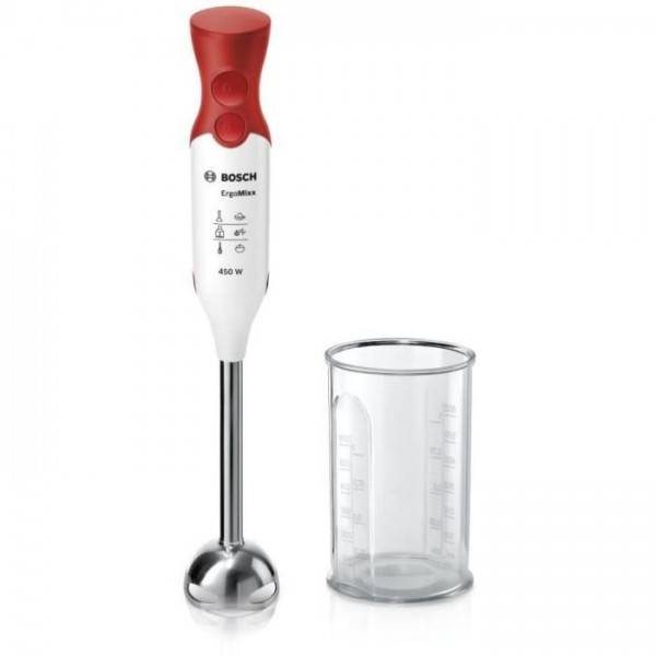 Bosch - Mixeur Electrique  plongeant BOSCH ErgoMixx MSM64110 - 450W - Pied inox - 4 lames aiguisées - 2 vitesses - Bol gradué 600ml - blanc/rouge - Image 2