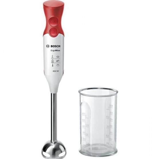 Bosch - Mixeur Electrique plongeant BOSCH ErgoMixx MSM64110 - 450W - Pied inox - 4 lames aiguisées - 2 vitesses - Bol gradué 600ml - blanc/rouge - Image 1