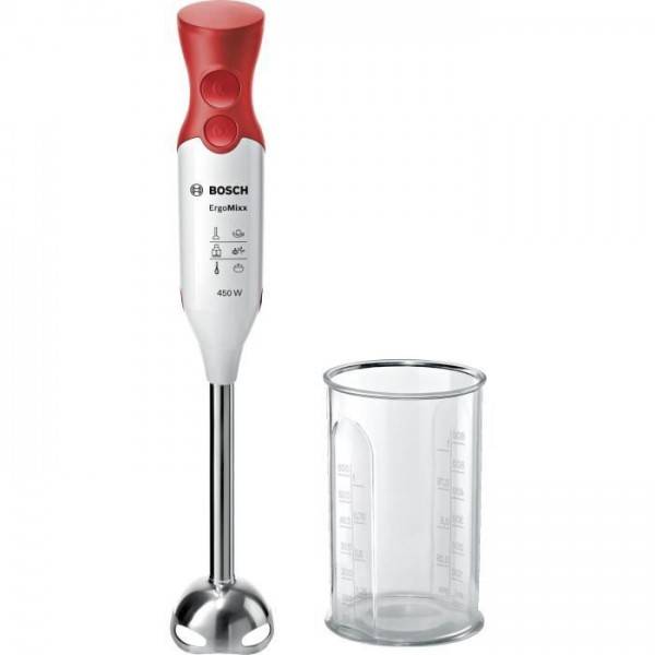 Bosch - Mixeur Electrique  plongeant BOSCH ErgoMixx MSM64110 - 450W - Pied inox - 4 lames aiguisées - 2 vitesses - Bol gradué 600ml - blanc/rouge - Image 1