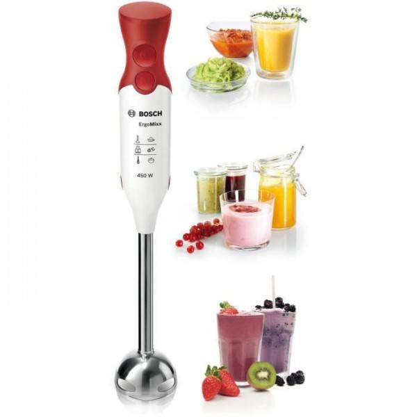 Bosch - Mixeur Electrique  plongeant BOSCH ErgoMixx MSM64110 - 450W - Pied inox - 4 lames aiguisées - 2 vitesses - Bol gradué 600ml - blanc/rouge - Image 5