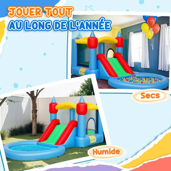 Château gonflable 4 en 1 avec toboggan, panier de basket, piscine à balles, souffleur 370W, 415 x 205 x 190 cm - Image 10