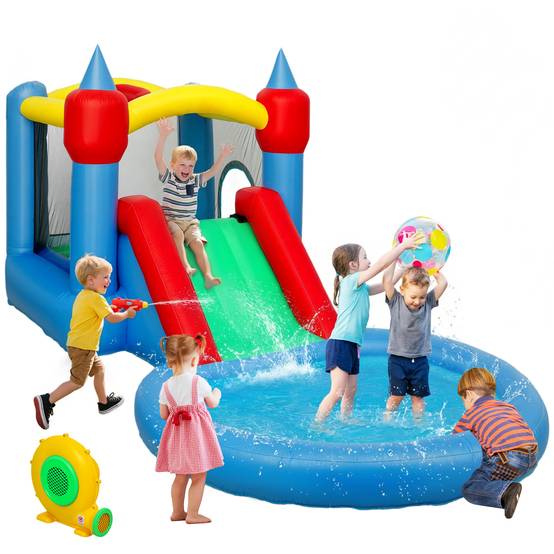 Château gonflable 4 en 1 avec toboggan, panier de basket, piscine à balles, souffleur 370W, 415 x 205 x 190 cm - Image 1