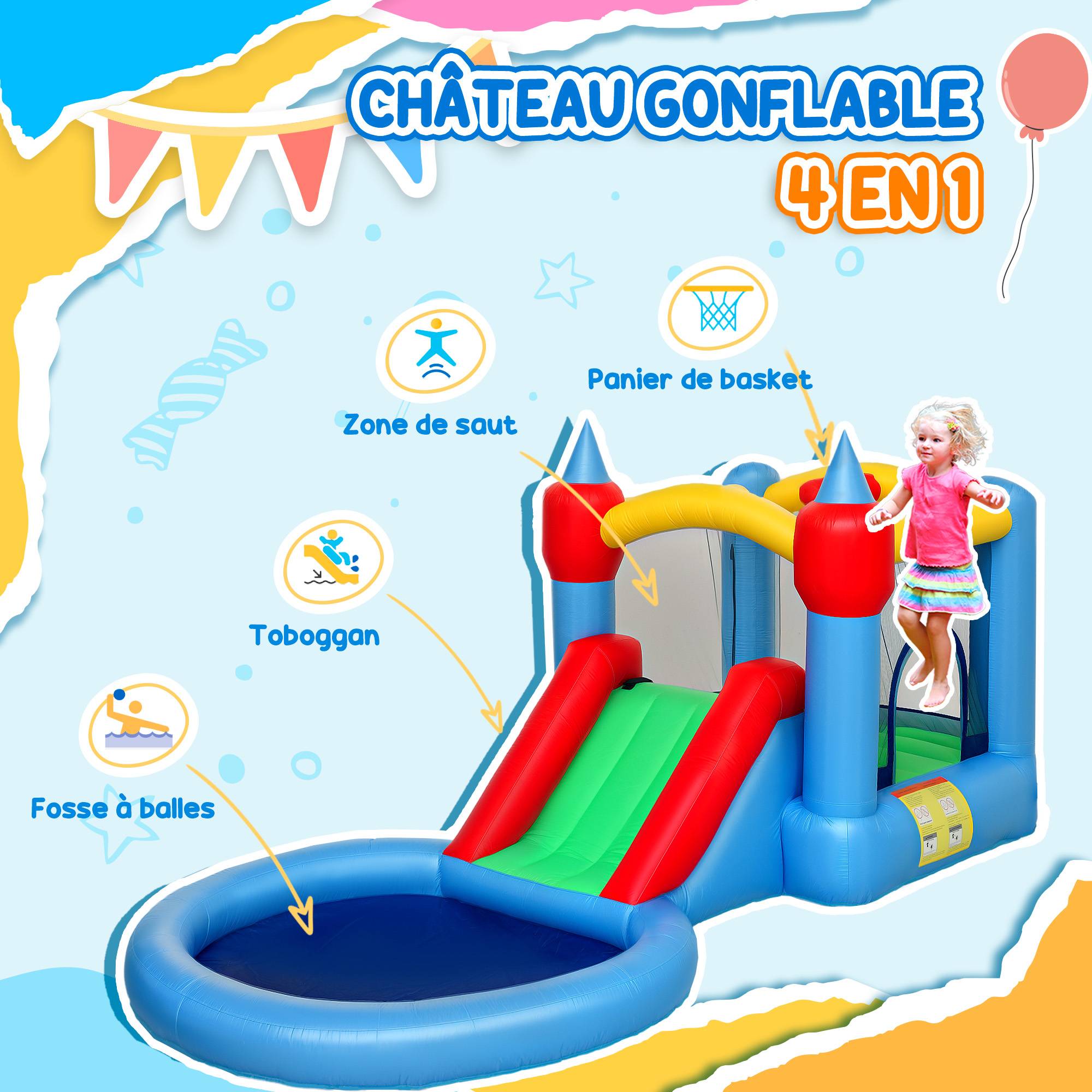 Château gonflable 4 en 1 avec toboggan, panier de basket, piscine à balles, souffleur 370W, 415 x 205 x 190 cm - Image 6