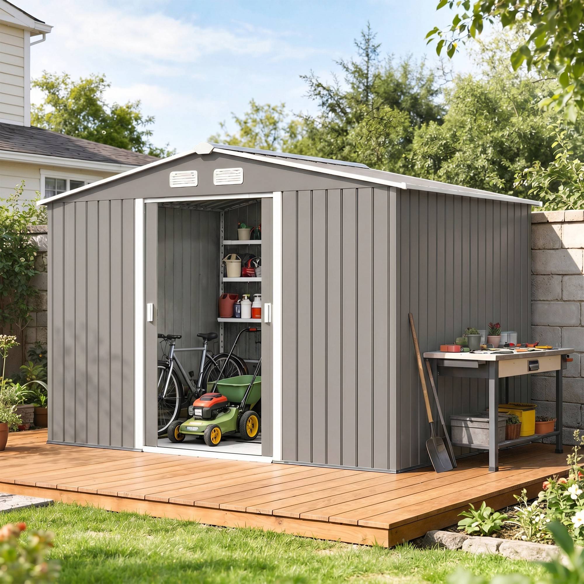 Abri de jardin avec portes coulissantes, 2,77 x 1,95 x 1,92 cm, métal, gris - Image 3