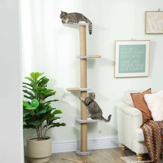 Arbre à chat à 5 niveaux, jouet, poteaux en sisal, tissu peluche, gris clair - Image 2