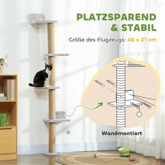 Arbre à chat à 5 niveaux, jouet, poteaux en sisal, tissu peluche, gris clair - Image 5